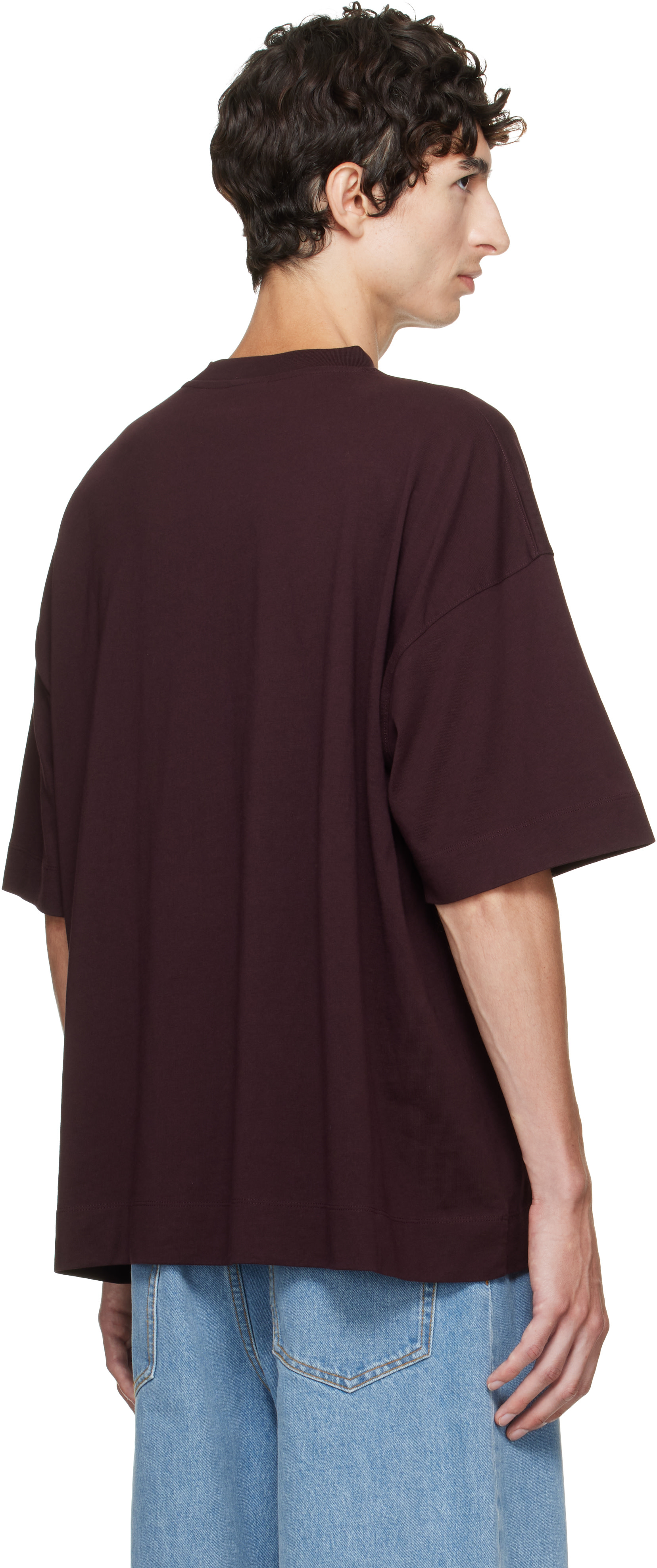 dries van noten 5部丈　tシャツ Dries Van Noten: Burgundy Dropped Shoulder T-shirt | SSENSE