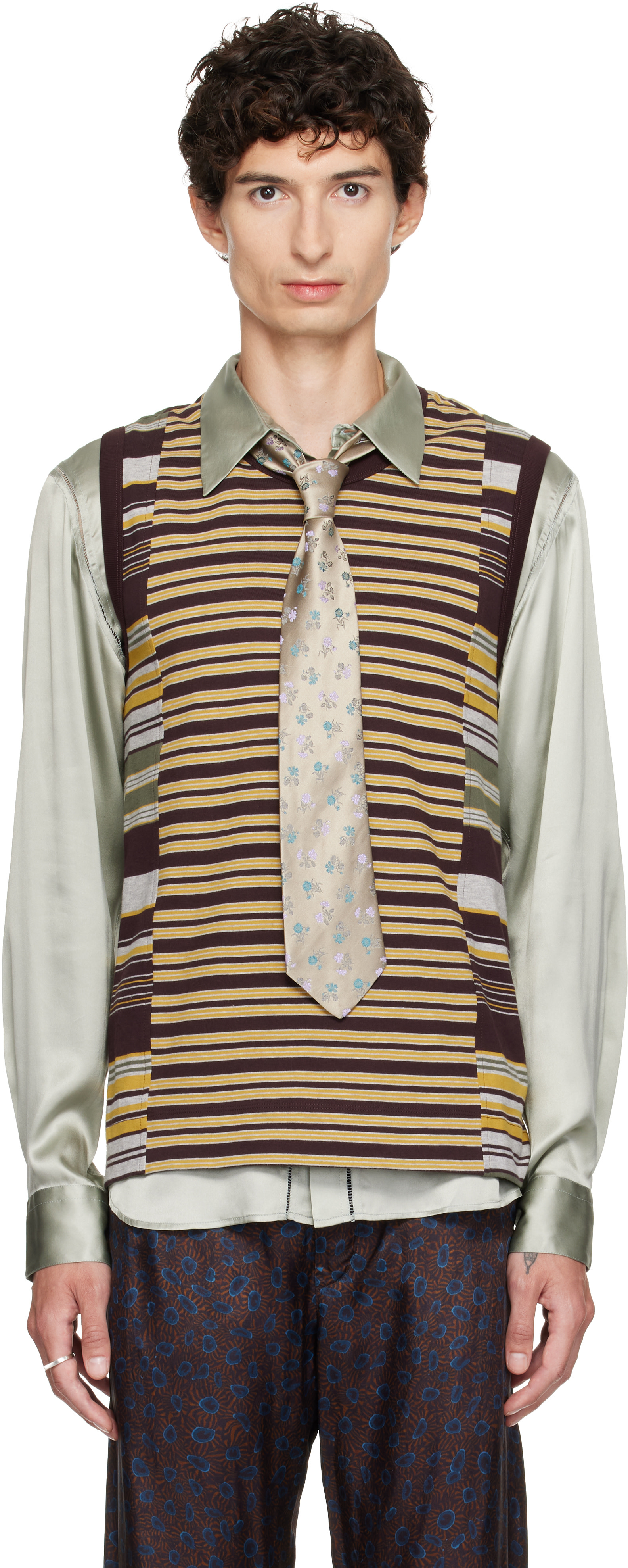 Dries Van Noten: ブラウン＆イエロー ボーダー コットン トップス