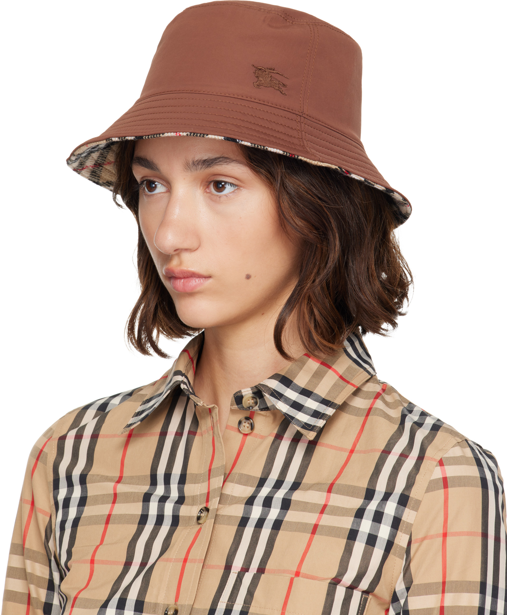 Burberry: ベージュ リバーシブル ウール チェック バケットハット