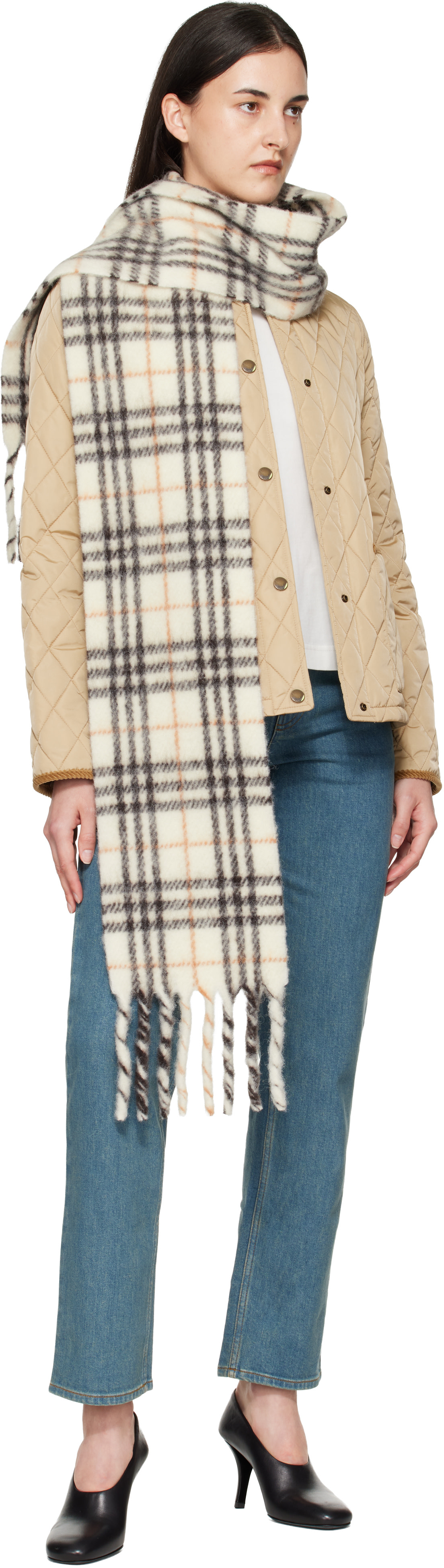 Burberry: White & Black Small Check Scarf | SSENSE