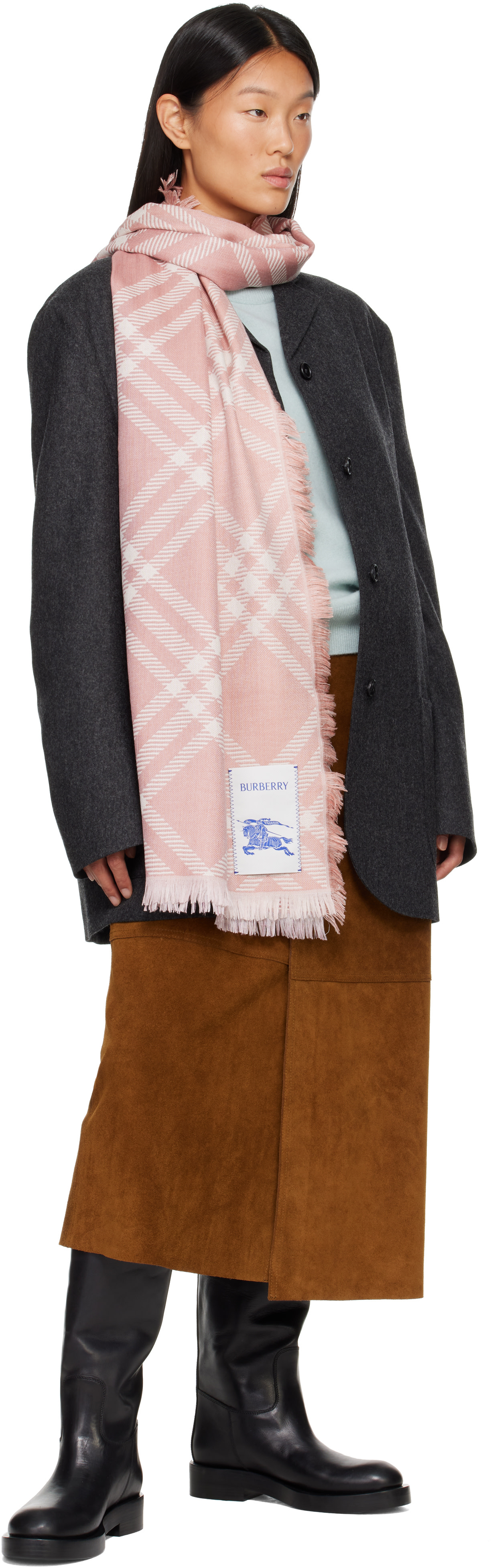 Burberry: ピンク グラデーション チェック ウールシルク スカーフ