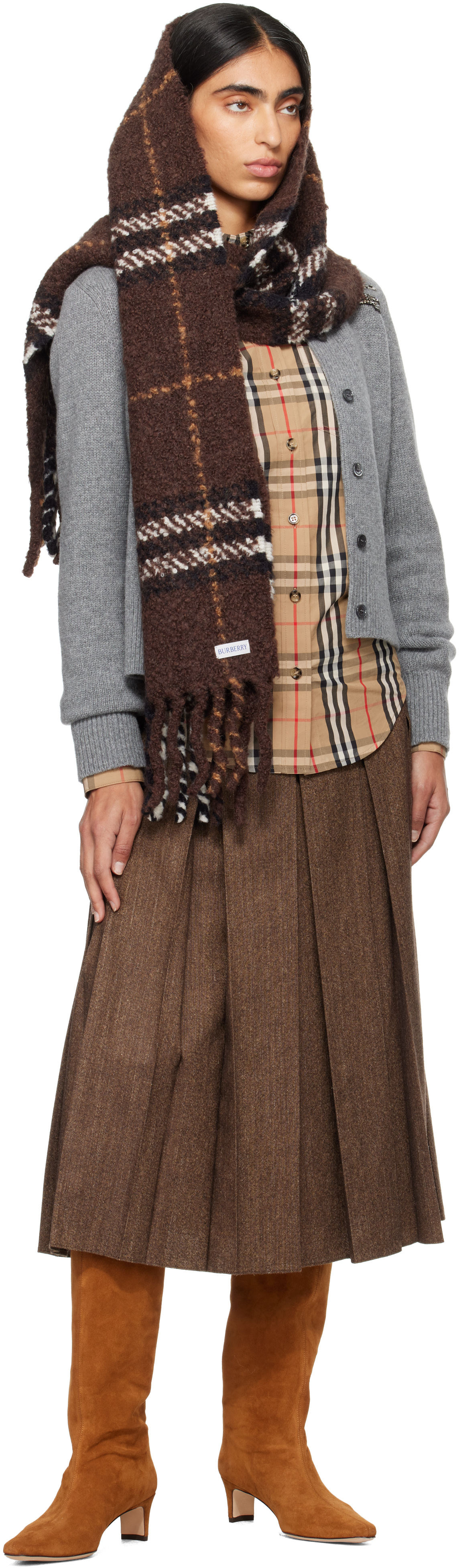 Burberry: Brown Check Alpaca Wool Blend Bouclé Scarf | SSENSE