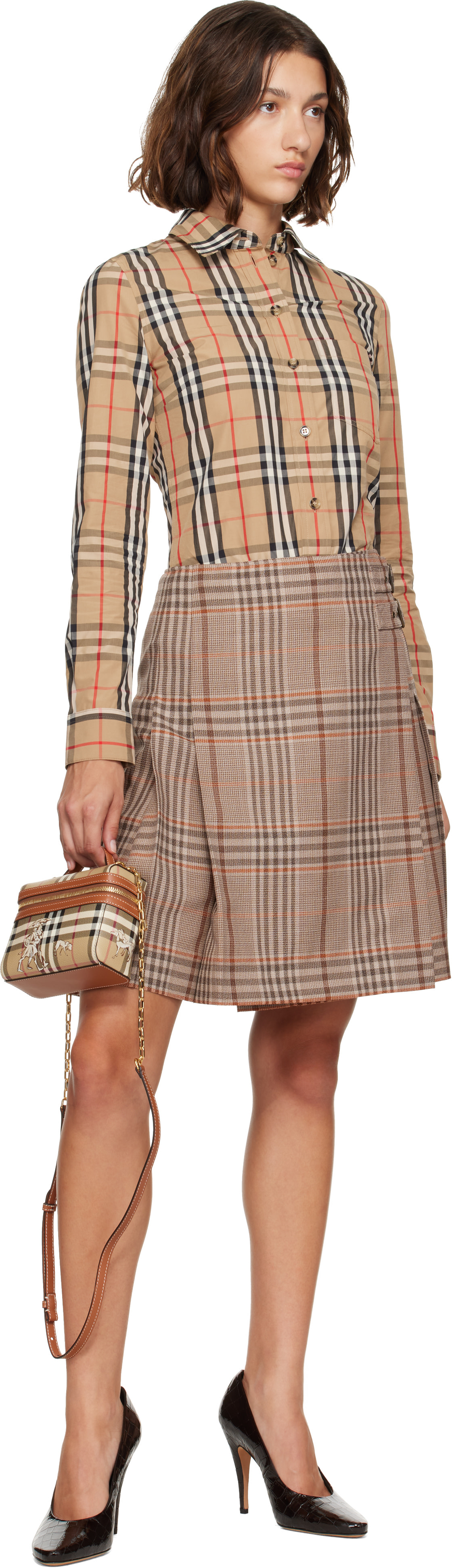 Burberry: ベージュ チェック ウール キルト ミディアムスカート