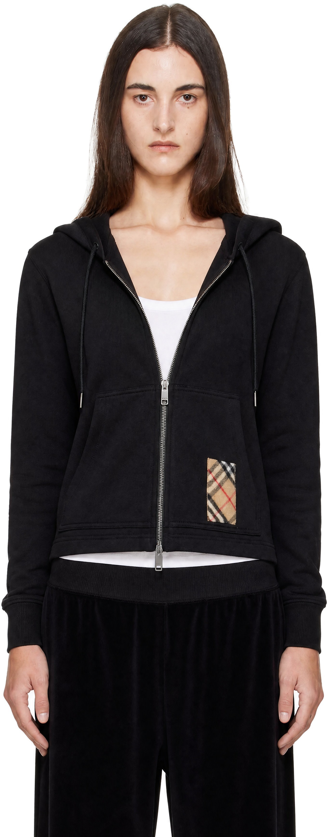 Burberry: Black Check Detail Zip-Up Hoodie | SSENSE Canada
