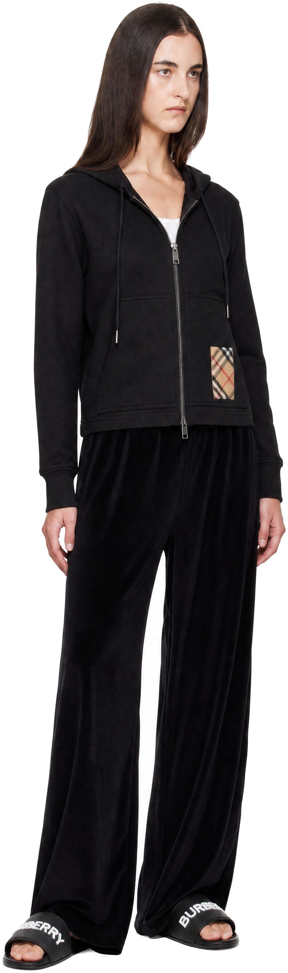 Burberry: Black Check Detail Zip-Up Hoodie | SSENSE Canada