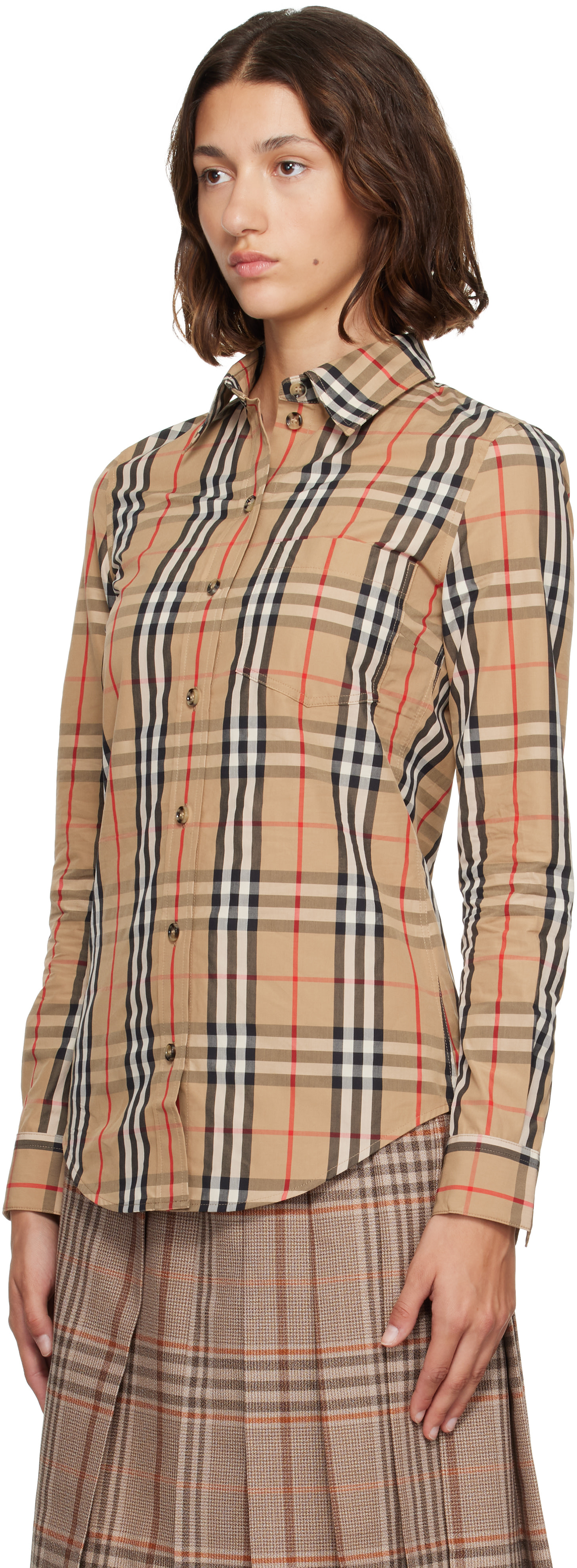 Burberry: Beige Check Stretch Cotton Shirt | SSENSE