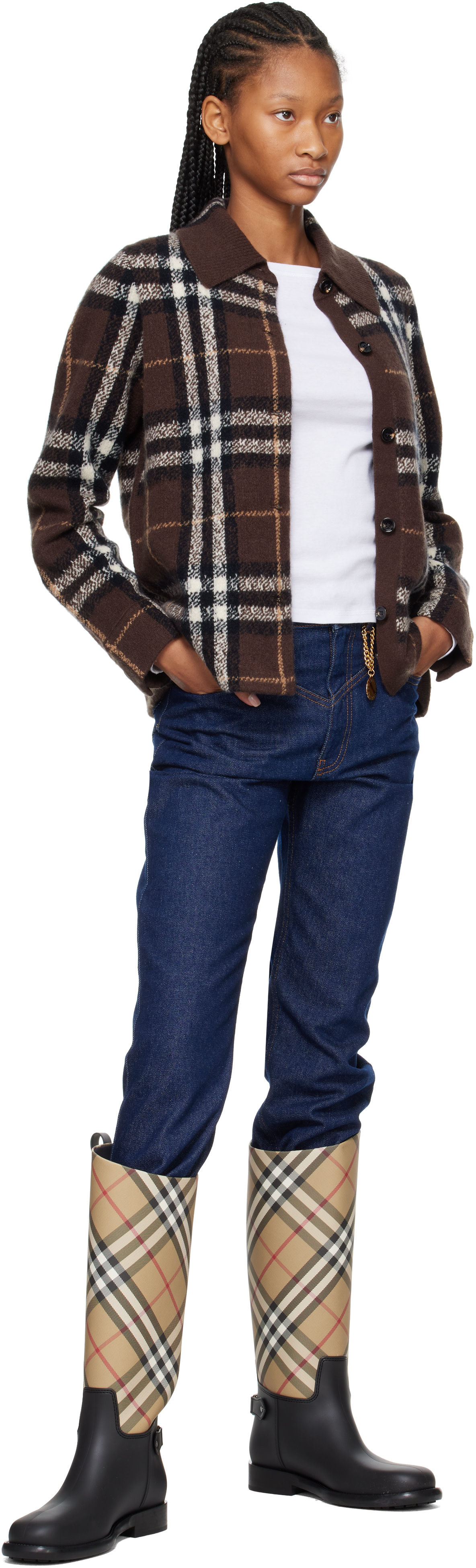 Burberry ブラック ベージュ 長靴　ブーツ Burberry: Beige & Black Check Cavalier Outdoor Boots | SSENSE Denmark