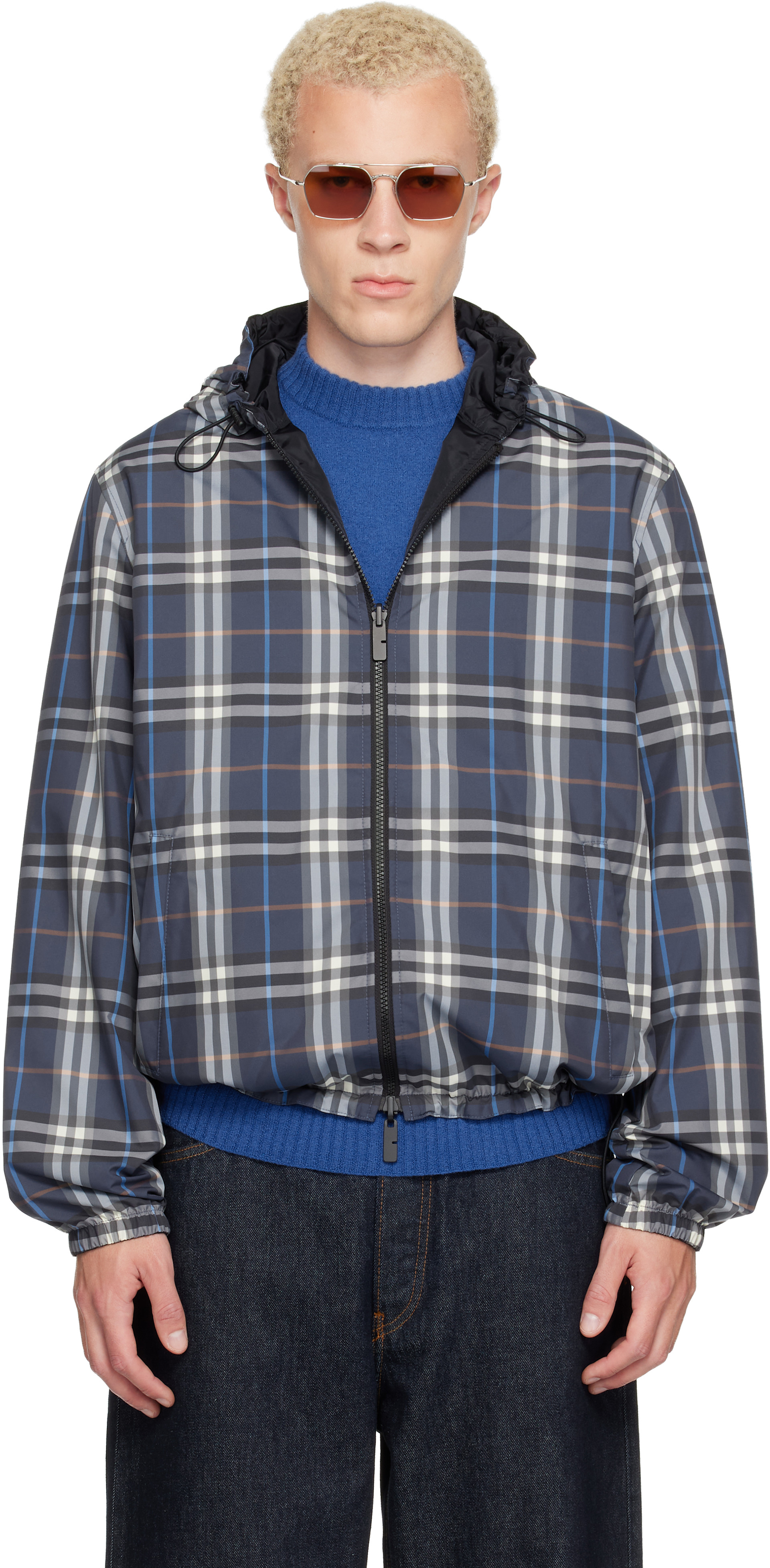 Burberry - Navy Check Newport Hooded Reversible Jacket
