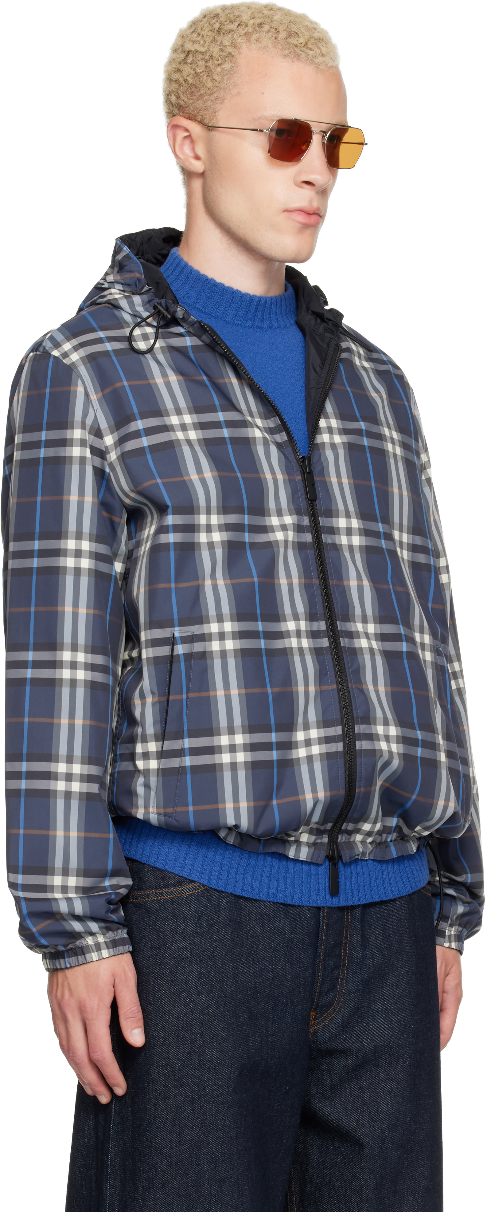 Burberry - Navy Check Newport Hooded Reversible Jacket