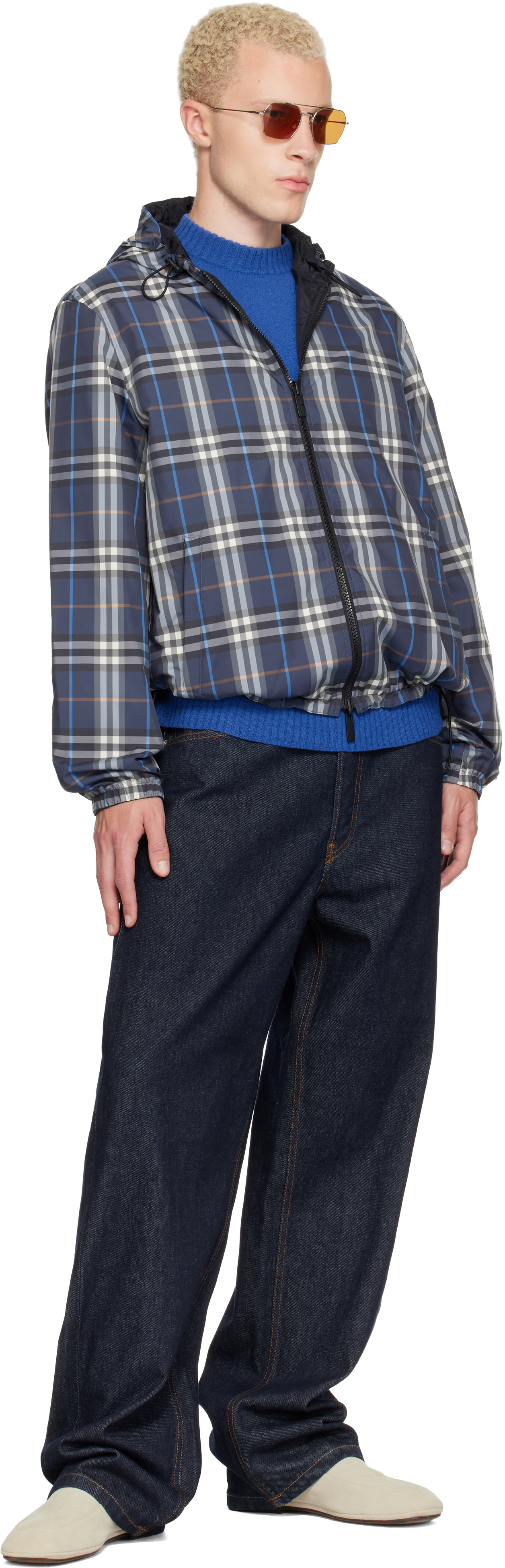 Burberry - Navy Check Newport Hooded Reversible Jacket