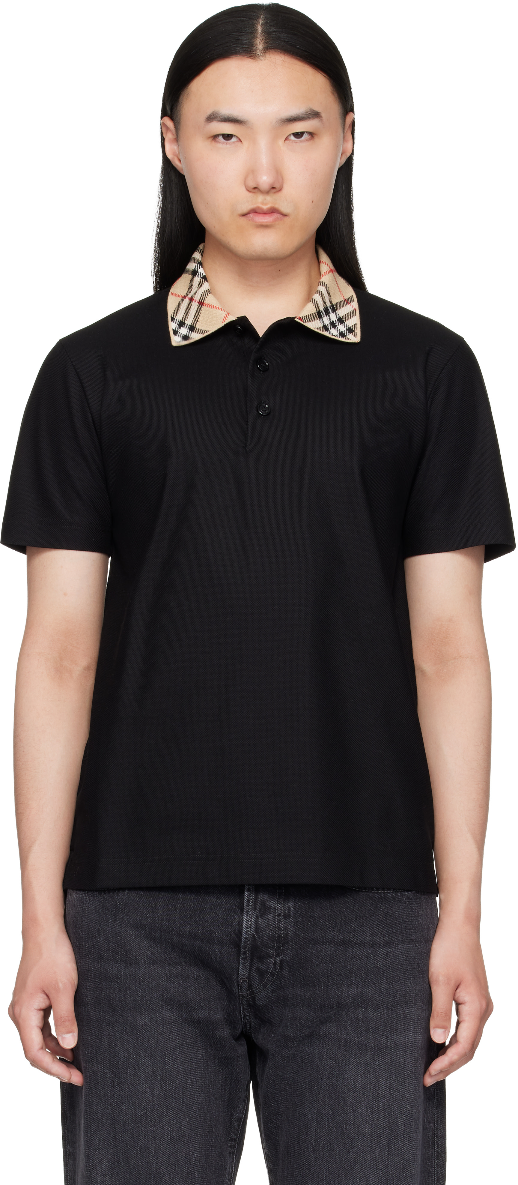 Burberry - Black Check Collar Cotton Polo