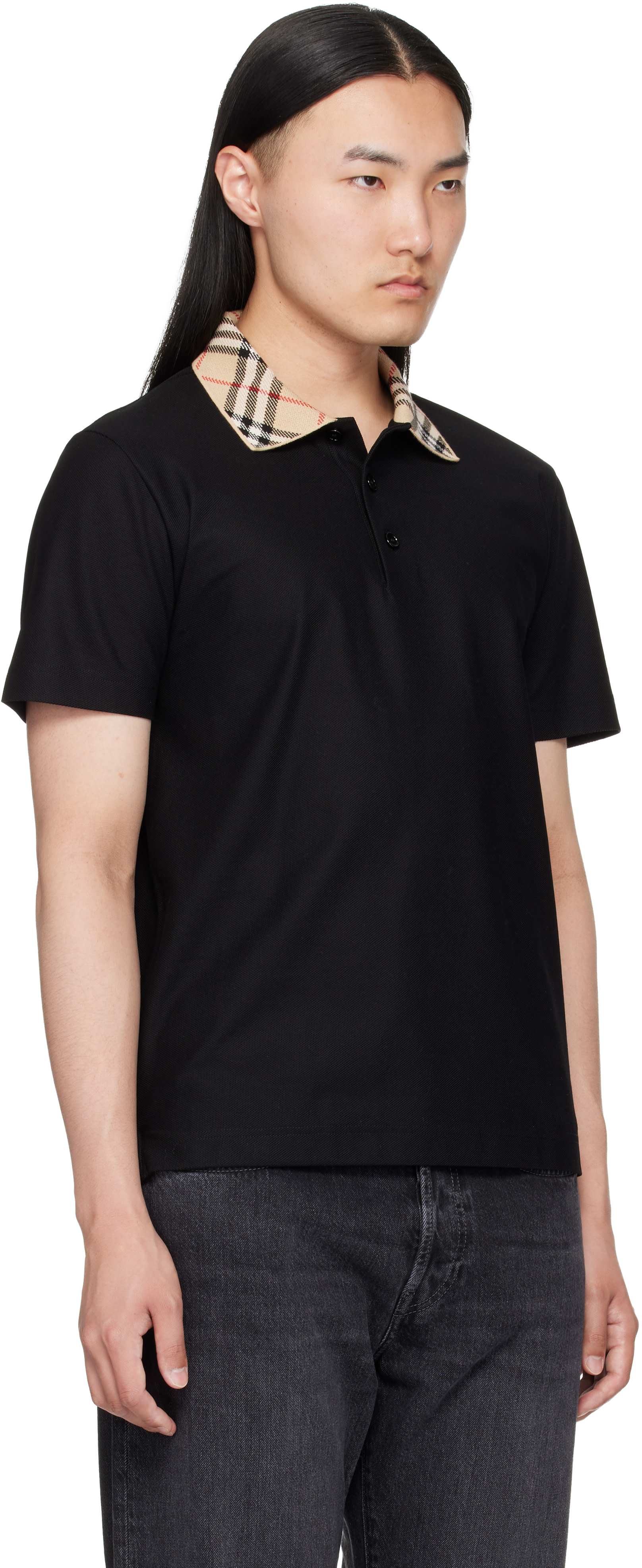Burberry - Black Check Collar Cotton Polo