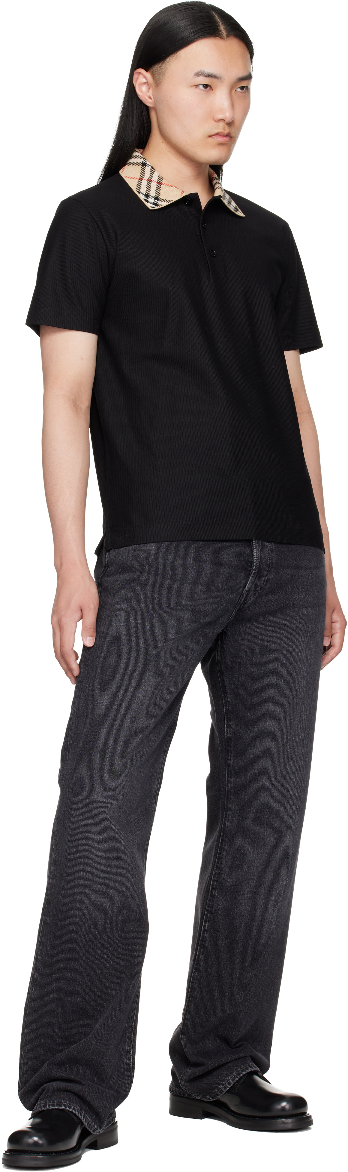 Burberry - Black Check Collar Cotton Polo