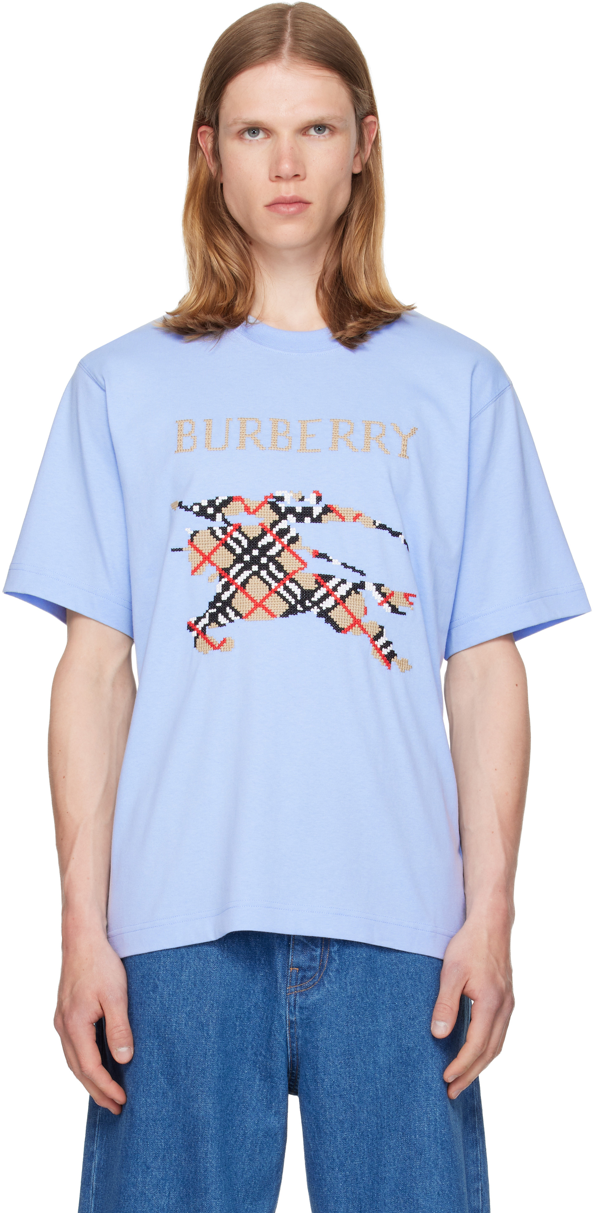 Burberry: Blue Cross Stitch Knight Cotton T-shirt | SSENSE