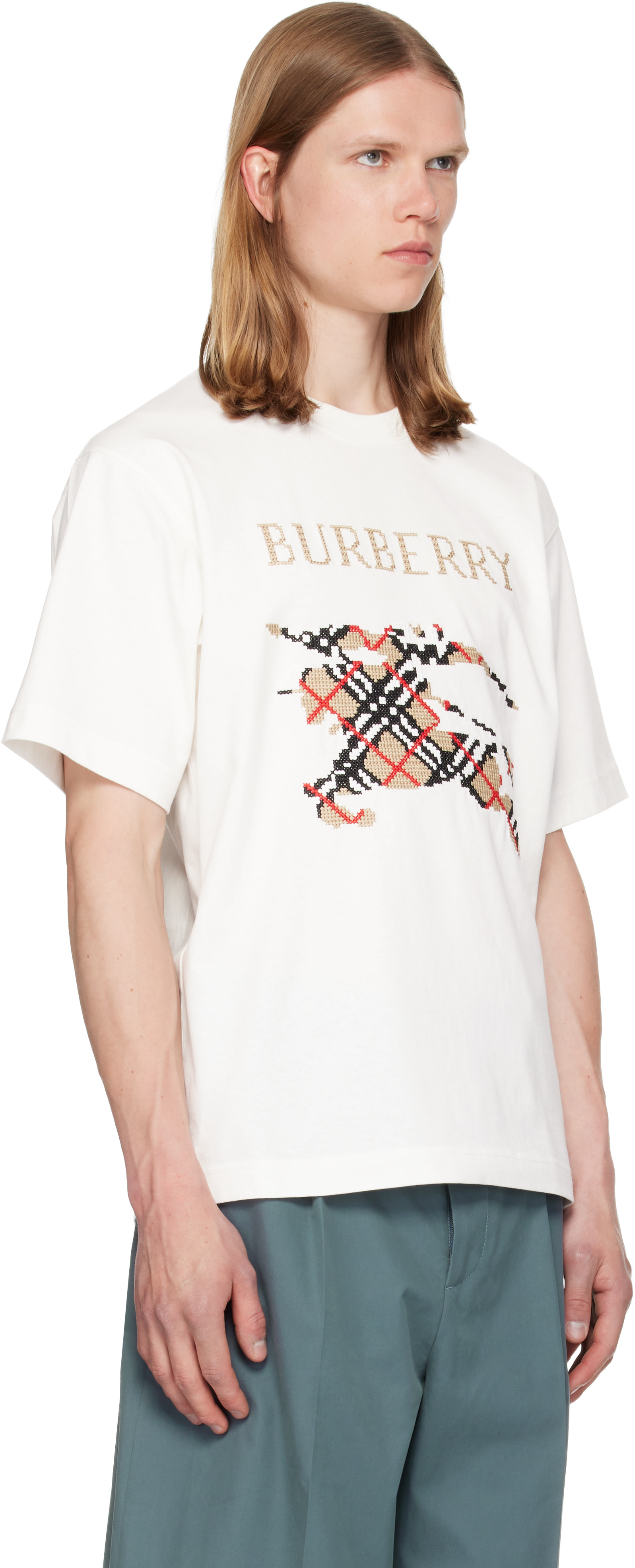 Burberry: ホワイト Cross Stitch Knight コットン Tシャツ | SSENSE 日本