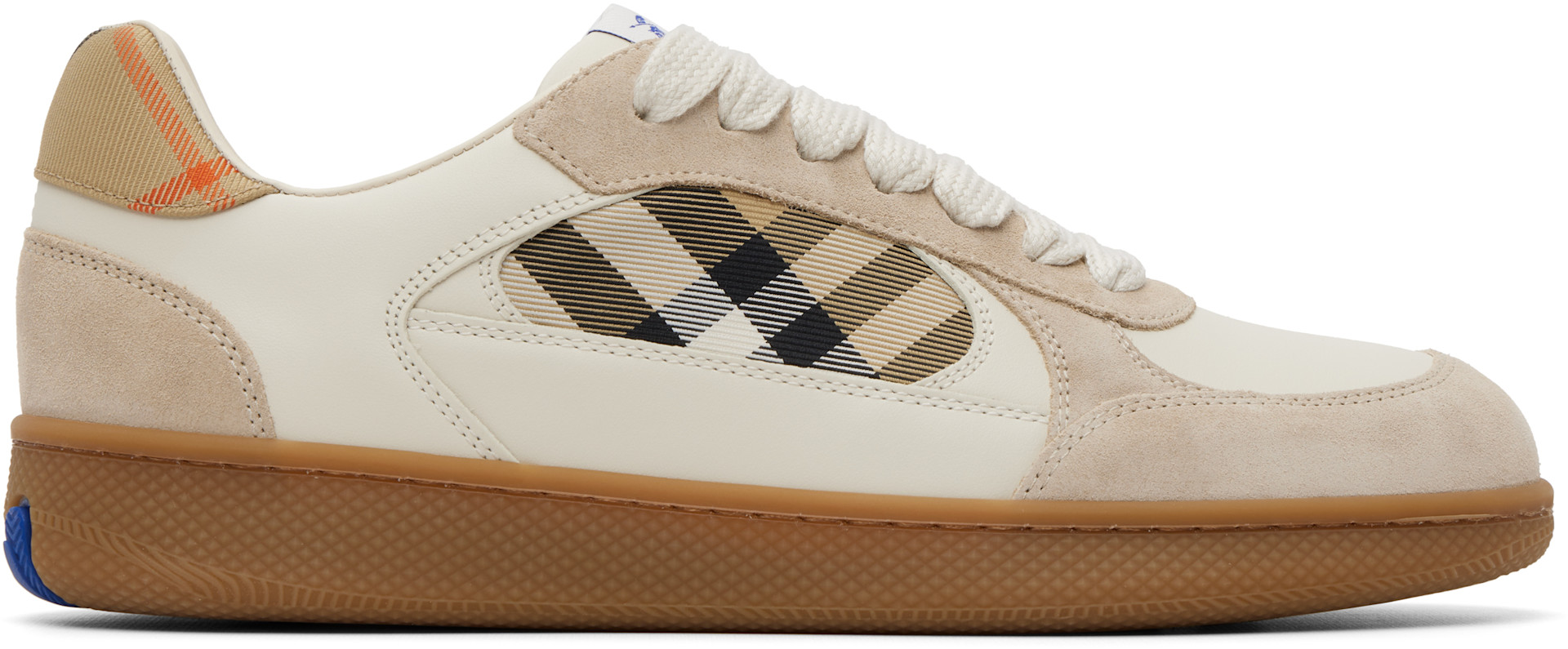 Burberry: Beige Leather Suede & Check Terrace Sneakers​ | SSENSE