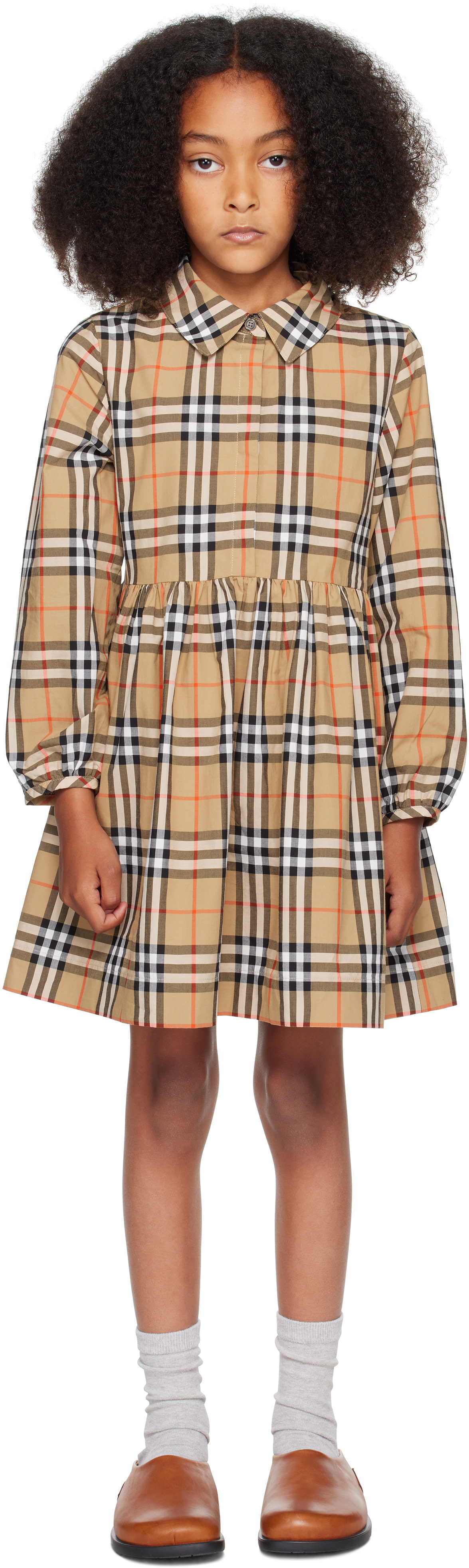 Burberry: キッズ｜ベージュ チェック コットン ワンピース | SSENSE 日本