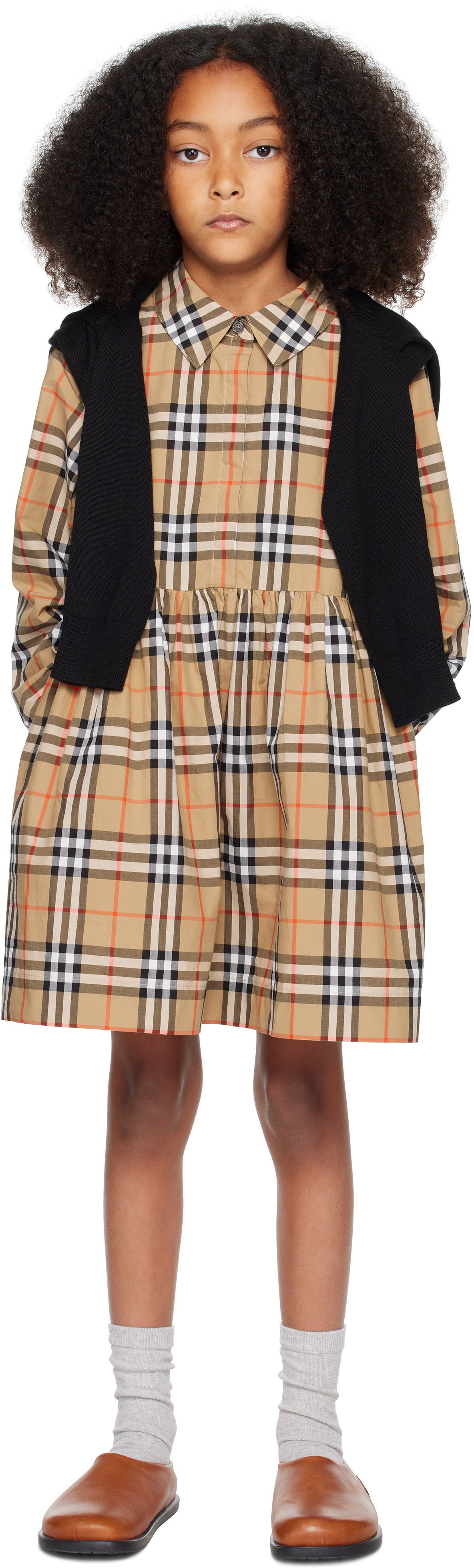 Burberrys キッズ　Aライン　ニットワンピース　チェック　S 140 Burberry: キッズ｜ベージュ チェック コットン ワンピース | SSENSE 日本
