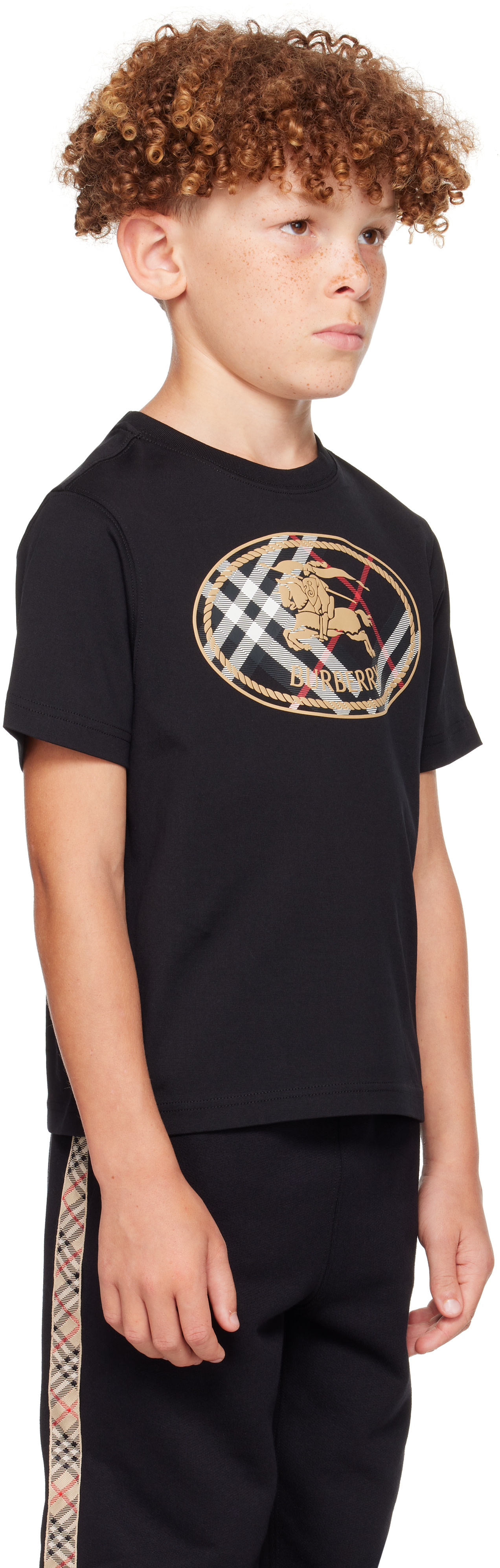 Burberry: キッズ｜ブラック Check Knight Stamp コットン Tシャツ