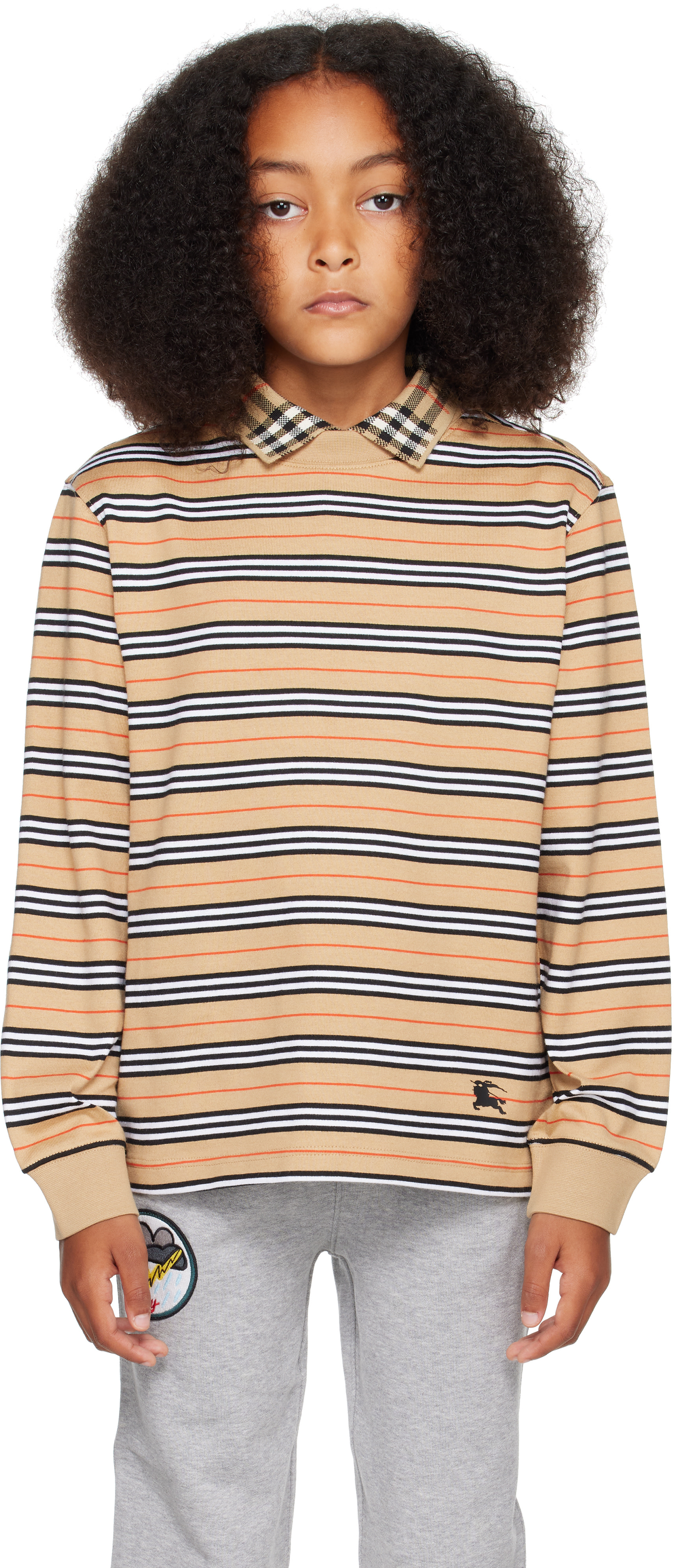 BURBERRY キッズ ストライプ柄 長袖シャツ Burberry: Kids Beige Long-Sleeve Icon Stripe Cotton T-shirt