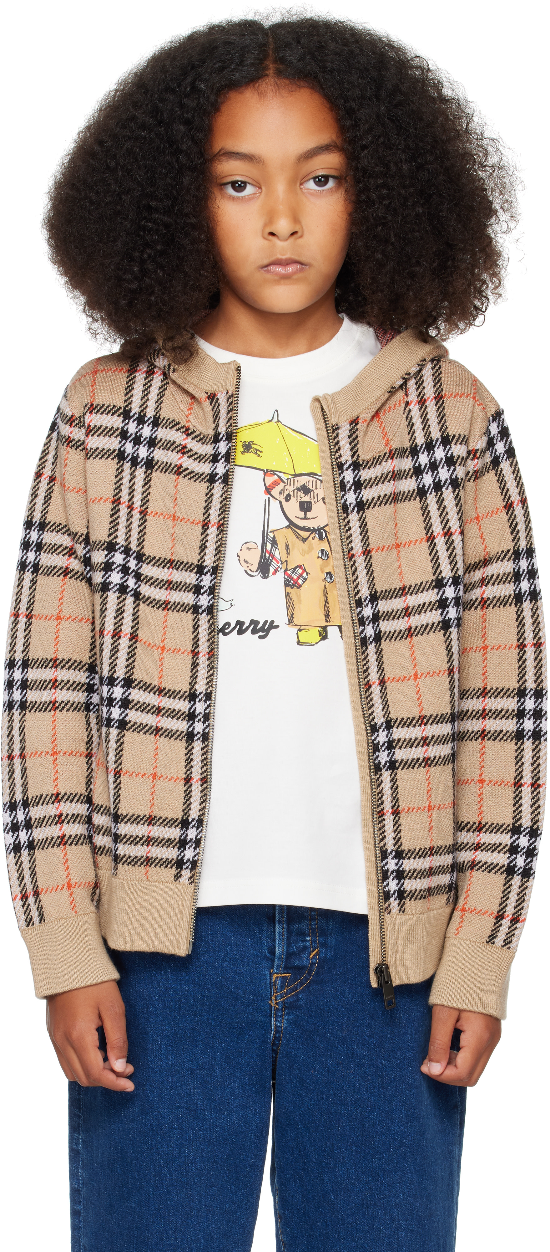 バーバリー　120 Burberry: Kids Beige Vintage Check Knit Hoodie | SSENSE Canada