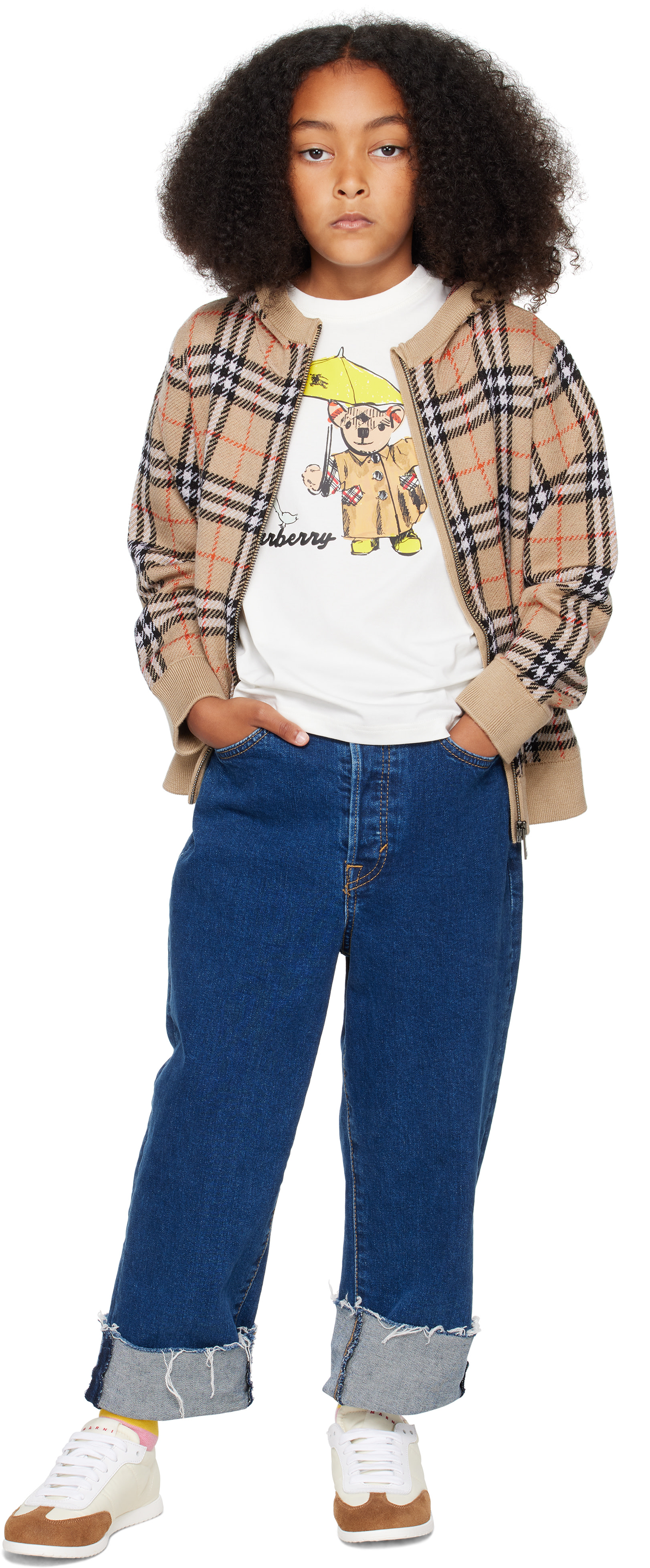 Burberry: Kids Beige Vintage Check Knit Hoodie | SSENSE Canada