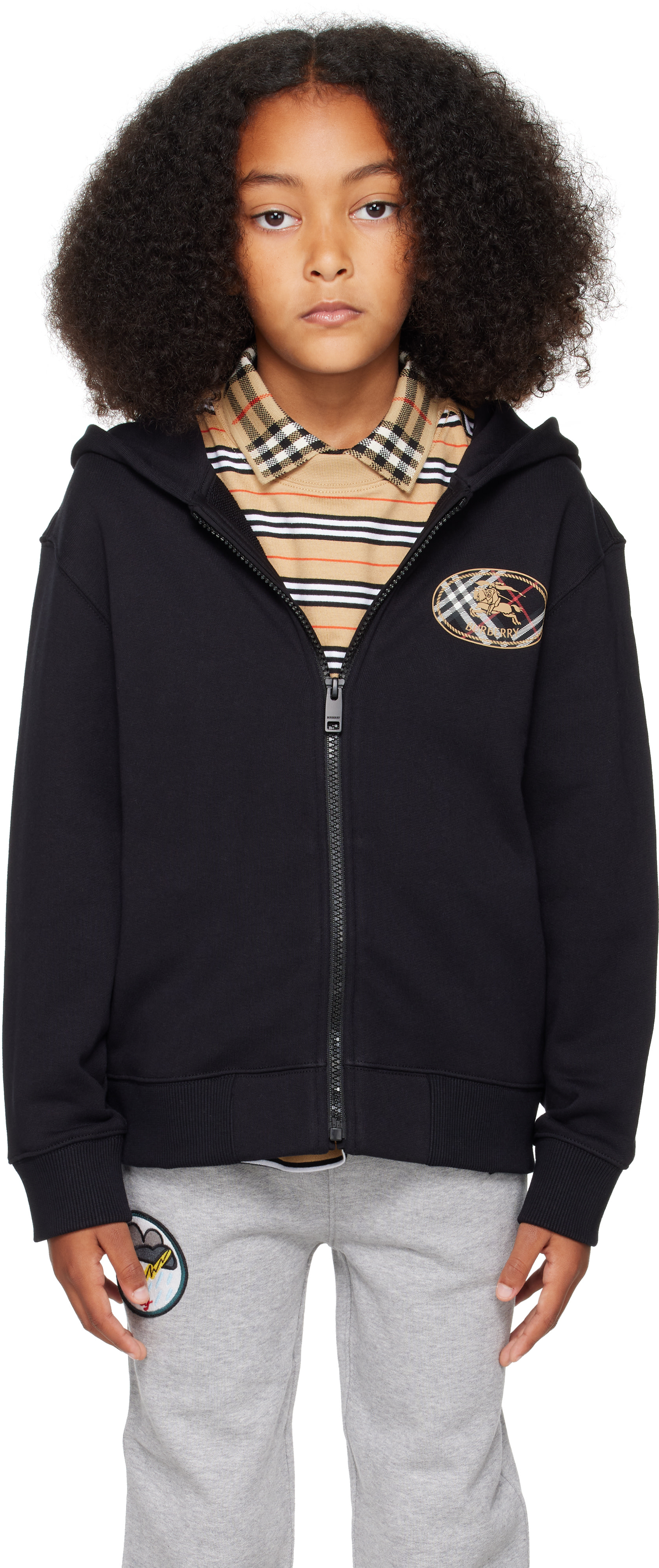 Burberry: Kids Black Check Knight Stamp Cotton Zip Hoodie | SSENSE