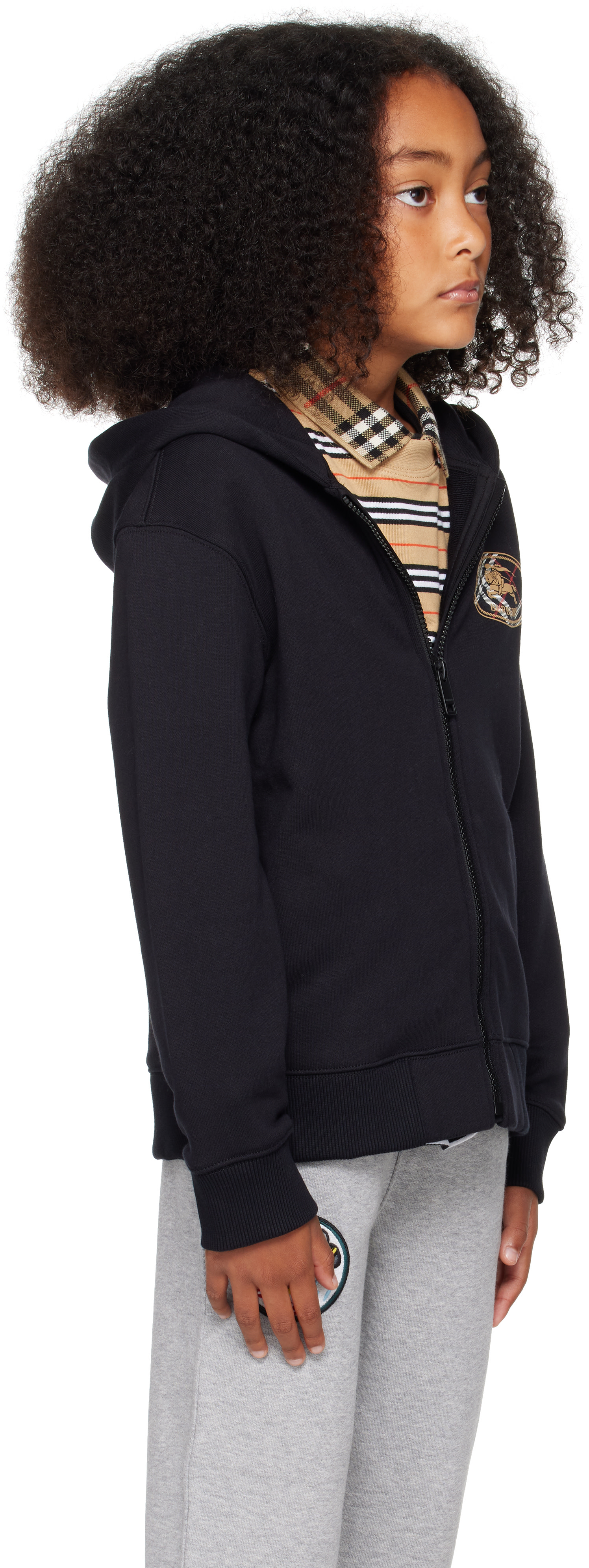 Burberry: Kids Black Check Knight Stamp Cotton Zip Hoodie | SSENSE