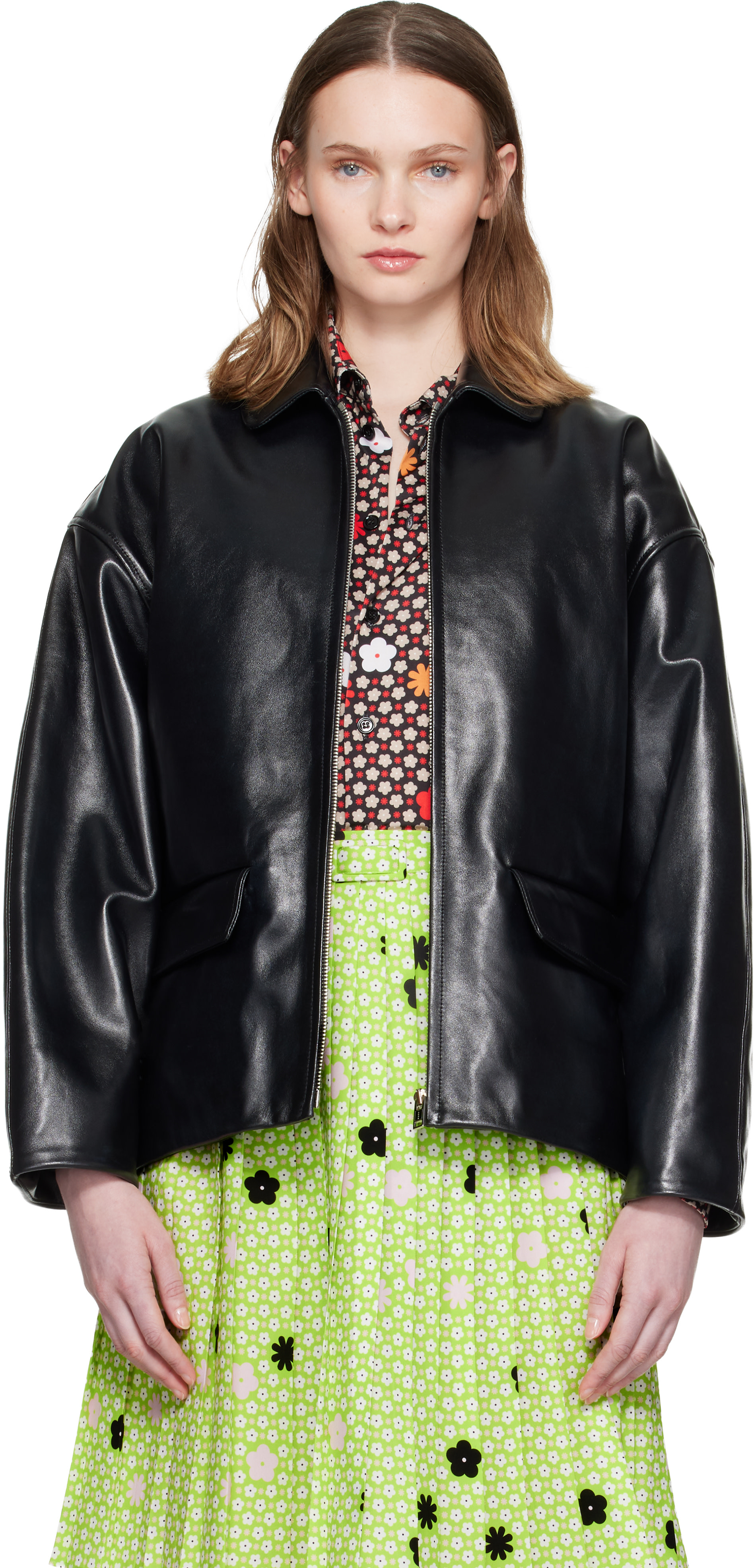 Marni: Black Pointed Collar Leather Jacket | SSENSE