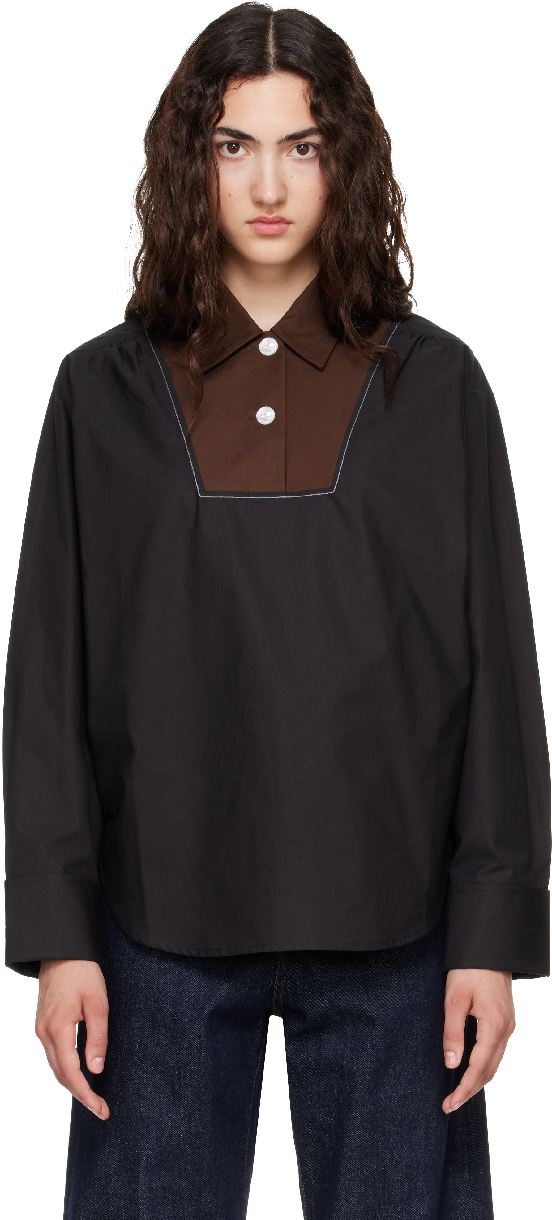 2024ss MARNIコットンポプリン フロントタッククロップドシャツ Marni: ブラック Contrast Bib Insert ポプリン シャツ | SSENSE 日本