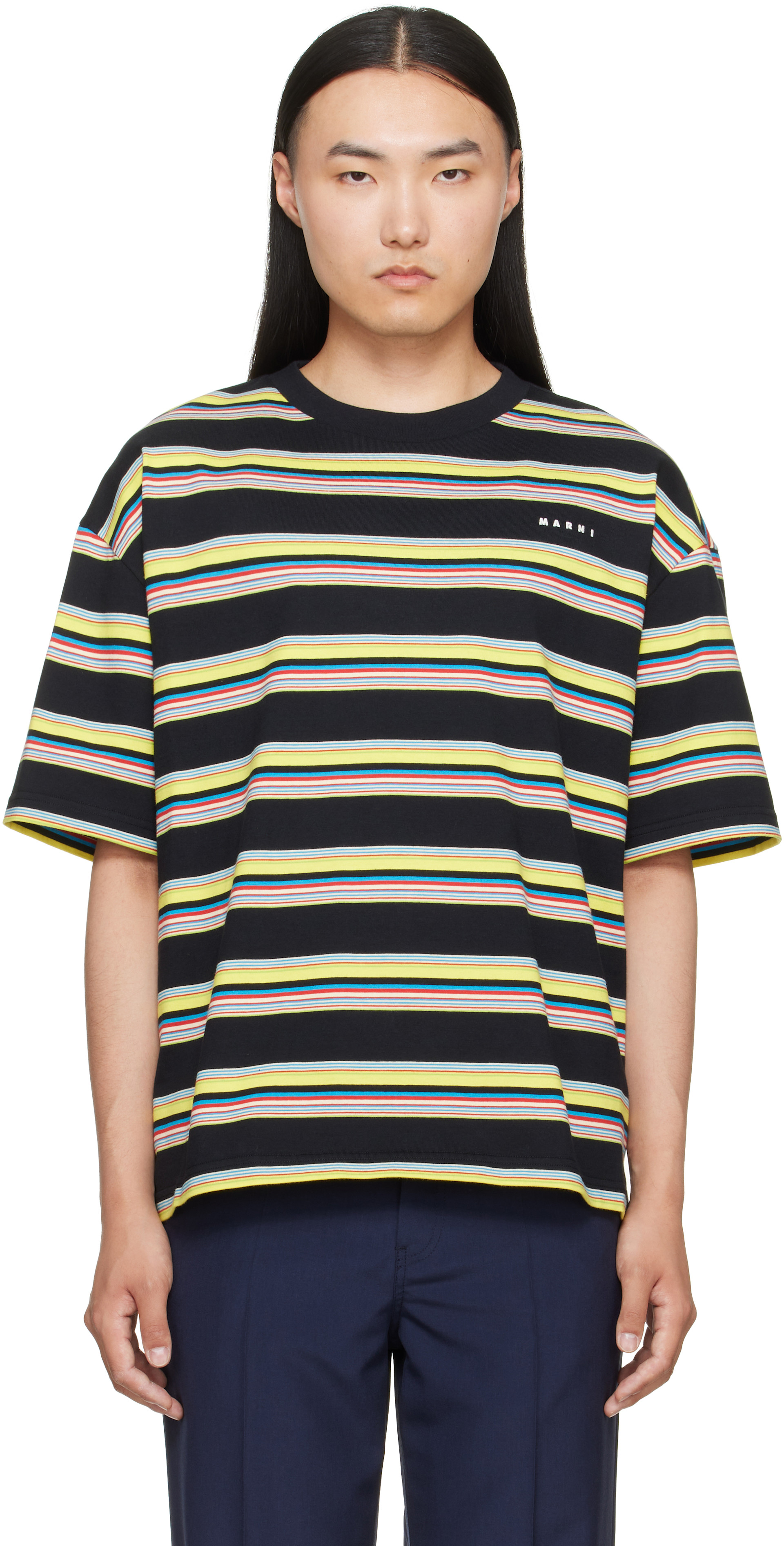 marni イエロー ブラック ボーダーマフラー Marni: ブラック＆イエロー ボーダー Tシャツ | SSENSE 日本