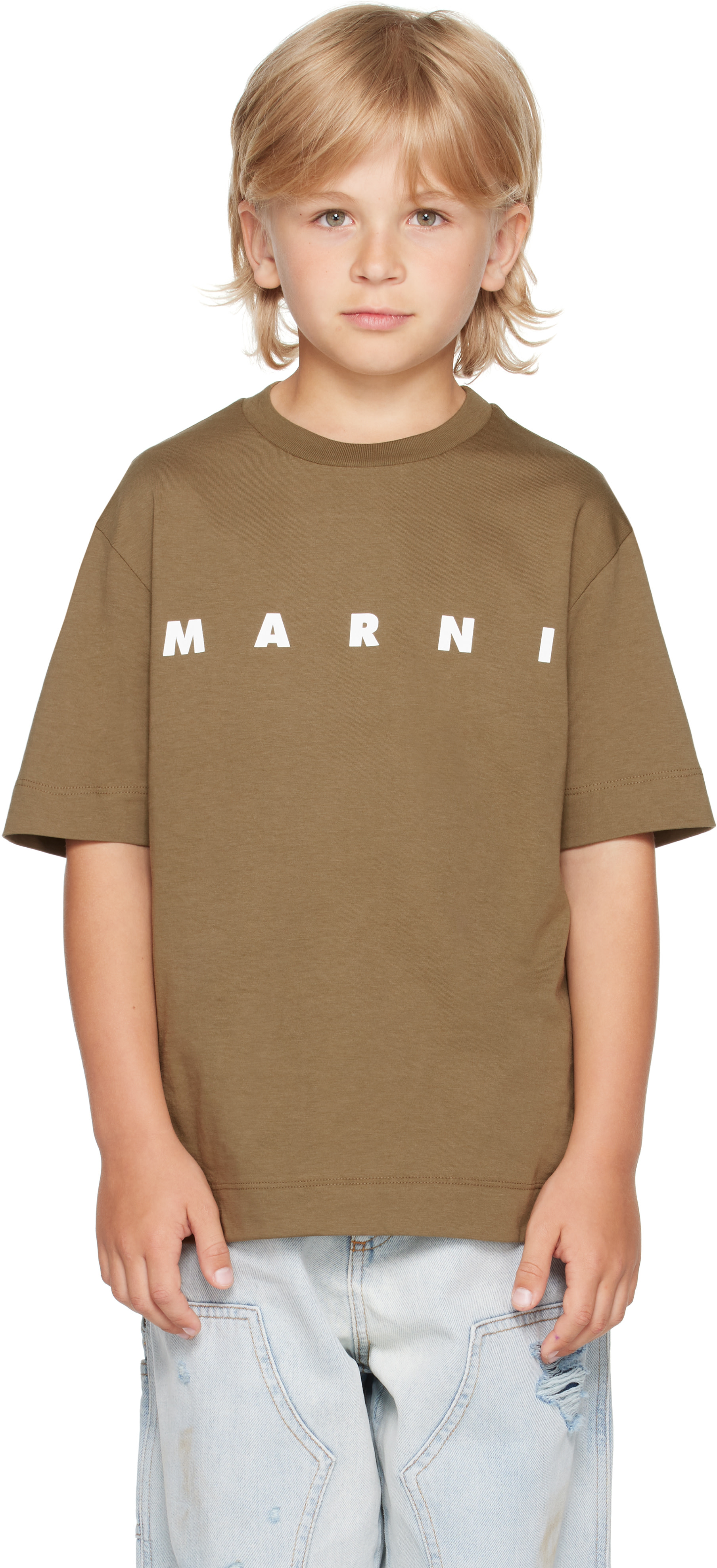 Marni - 키즈 카키 로고 프린트 티셔츠