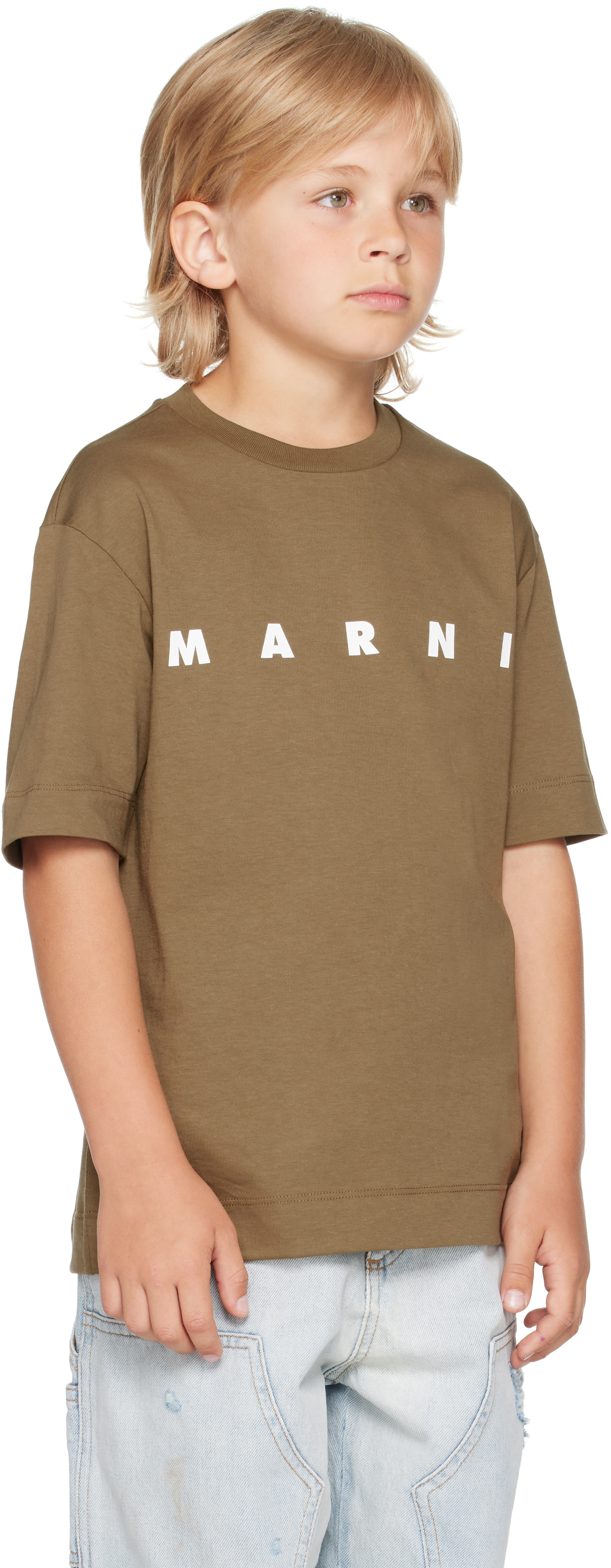 Marni - 키즈 카키 로고 프린트 티셔츠