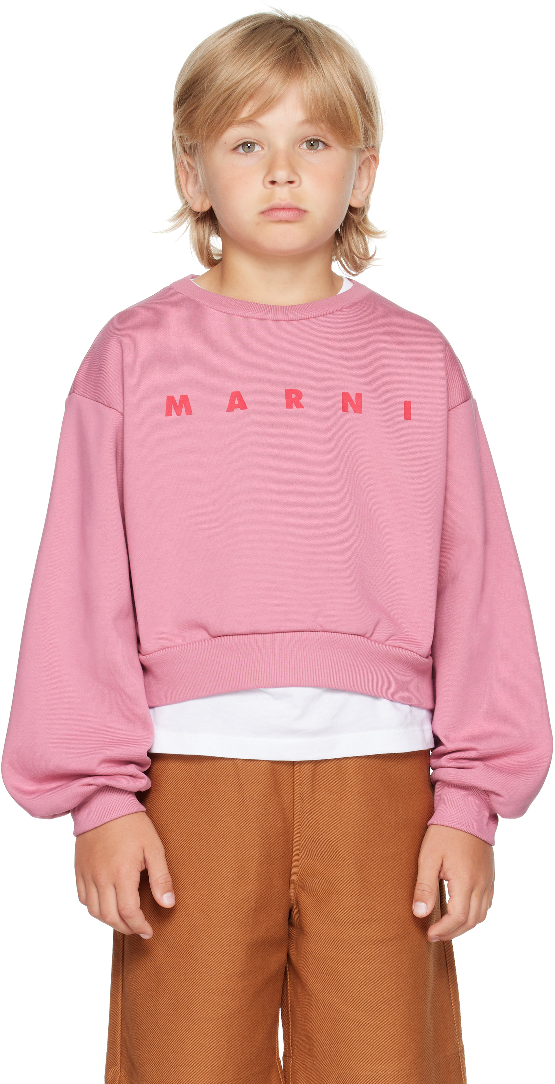 Marni - Enfant | Pull molletonné rose en coton à logo imprimé