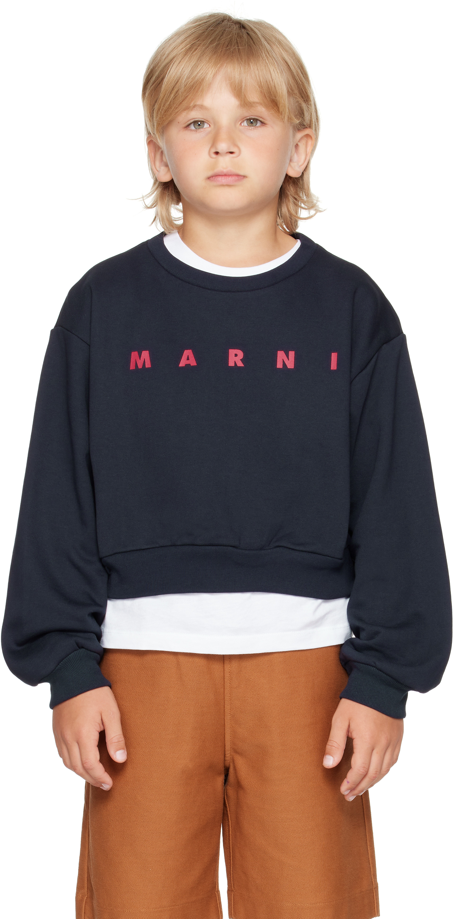 Marni - Enfant | Pull molletonné bleu marine en coton à logo imprimé
