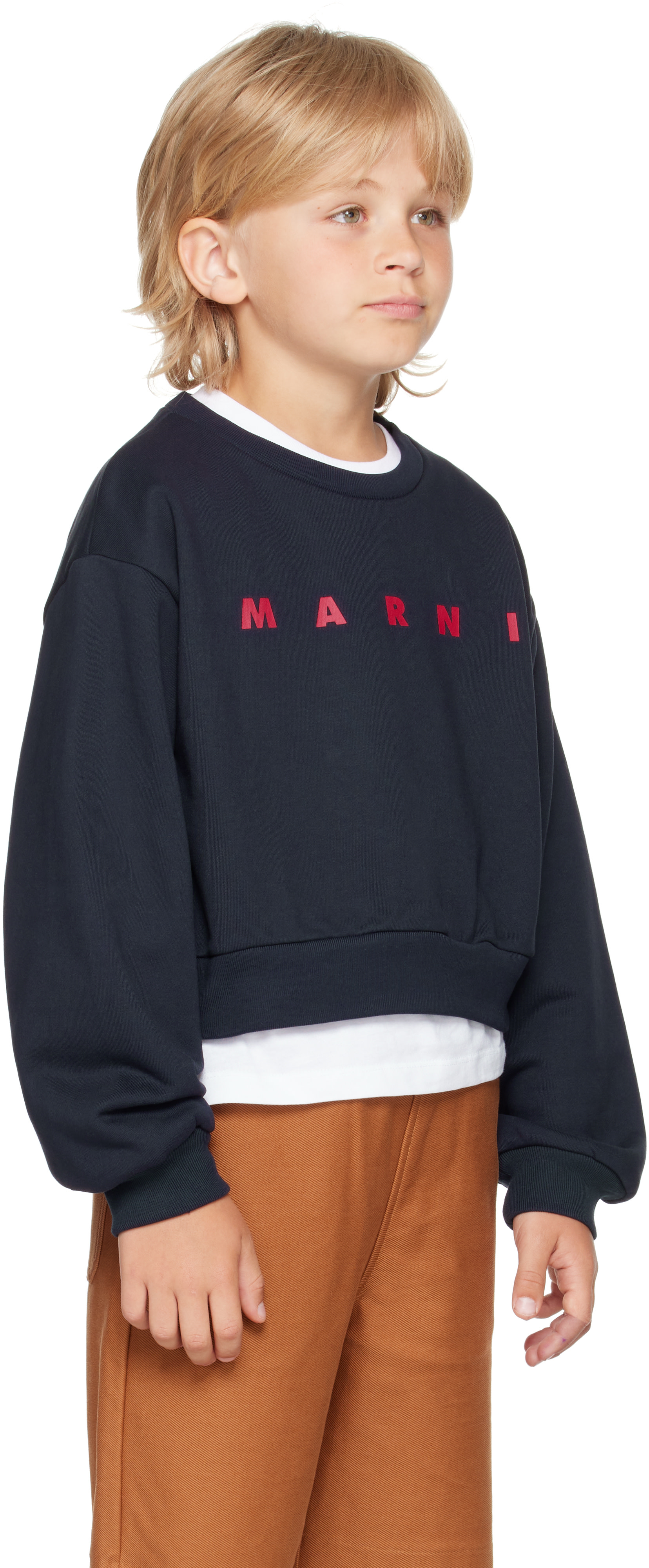 Marni - Enfant | Pull molletonné bleu marine en coton à logo imprimé