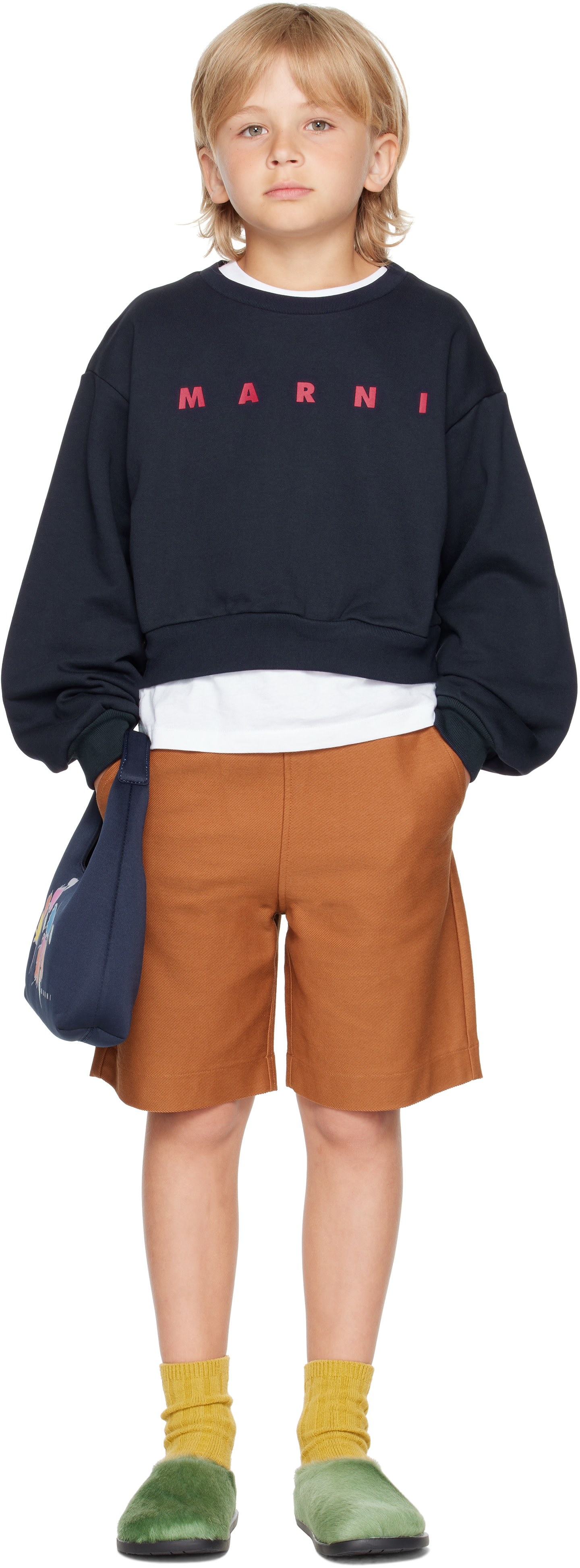 Marni - Enfant | Pull molletonné bleu marine en coton à logo imprimé