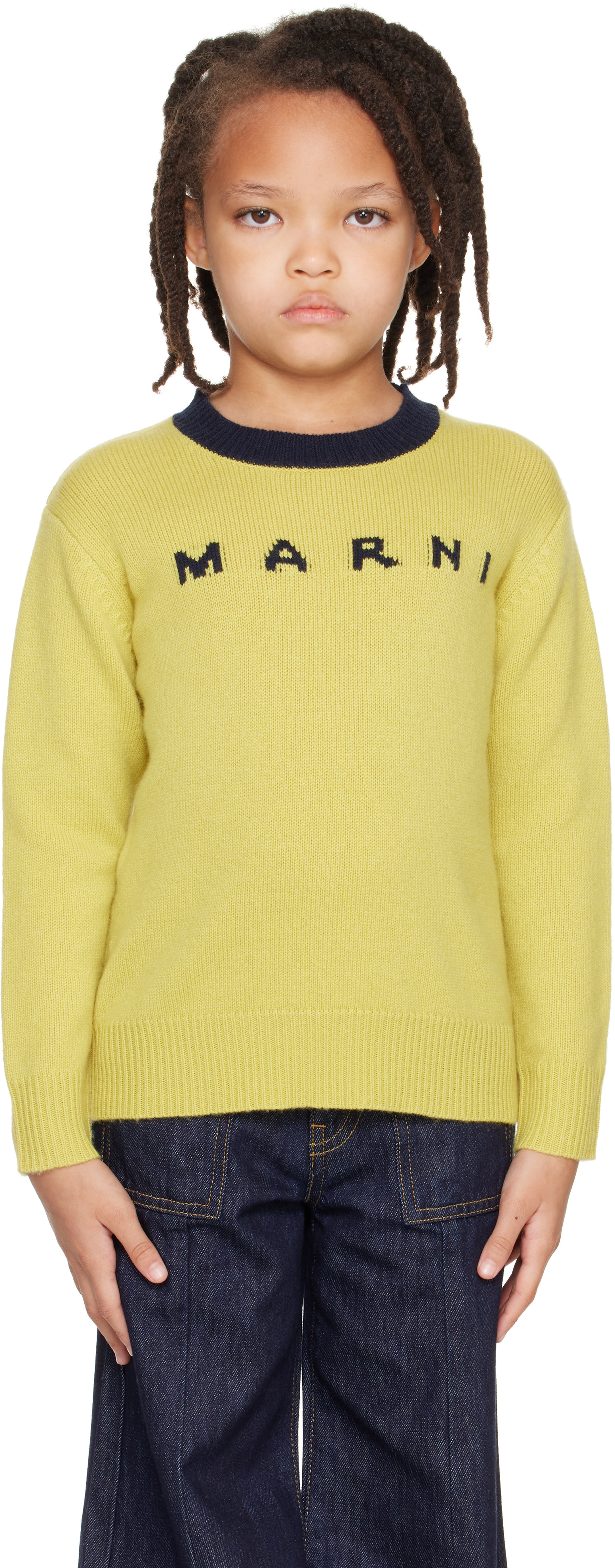 Marni - キッズ|イエロー インターシャ ロゴ セーター