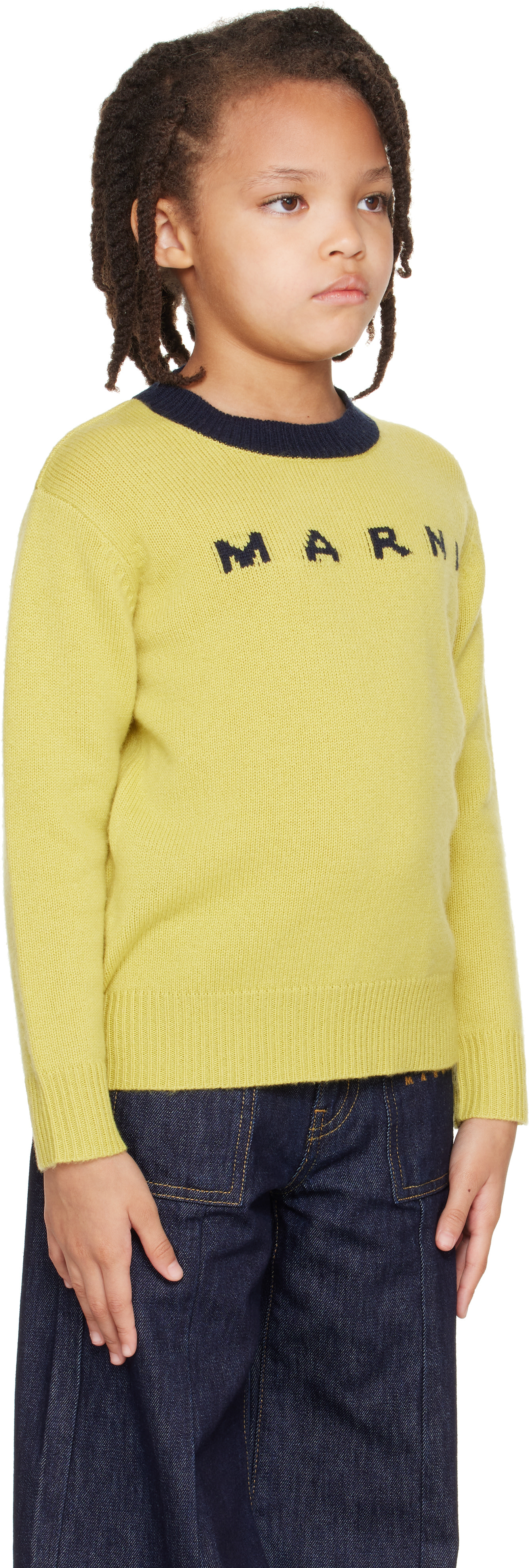 Marni - Enfant | Pull jaune à logo en intarsia