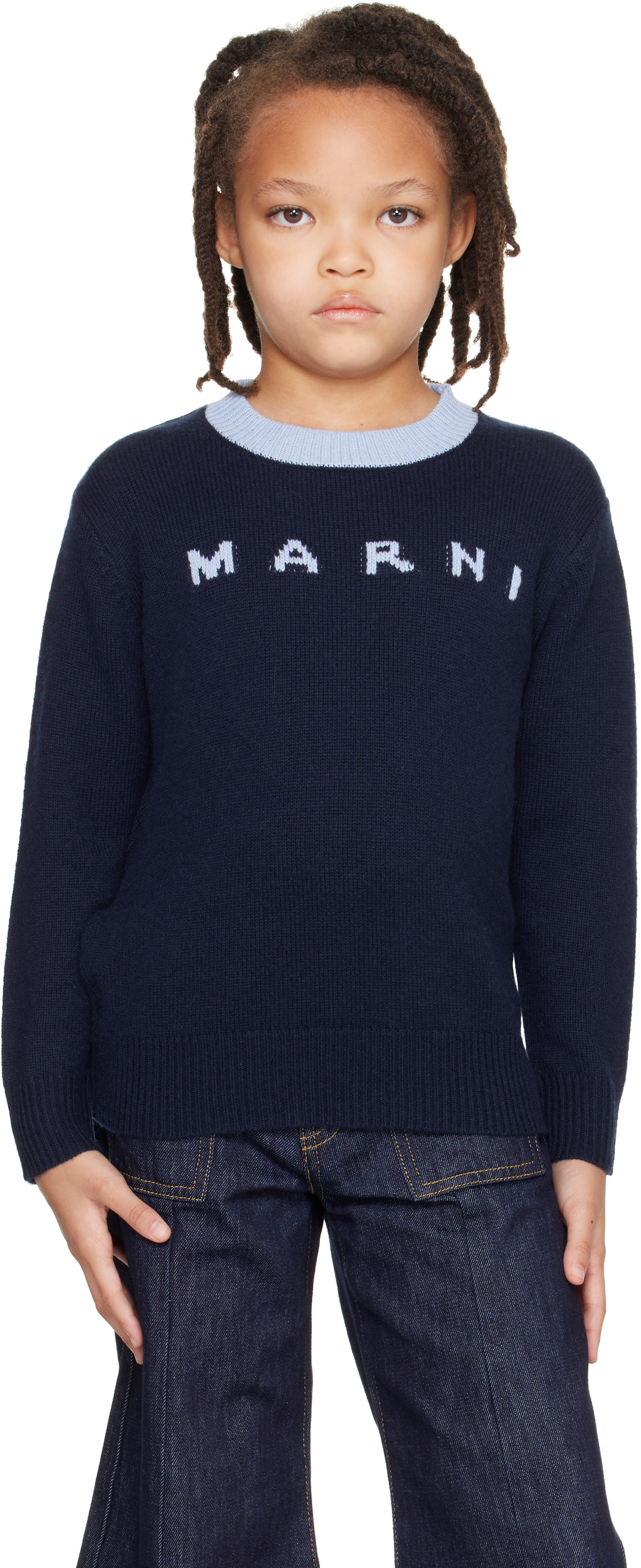 Marni - Kids Navy Intarsia Logo Sweater