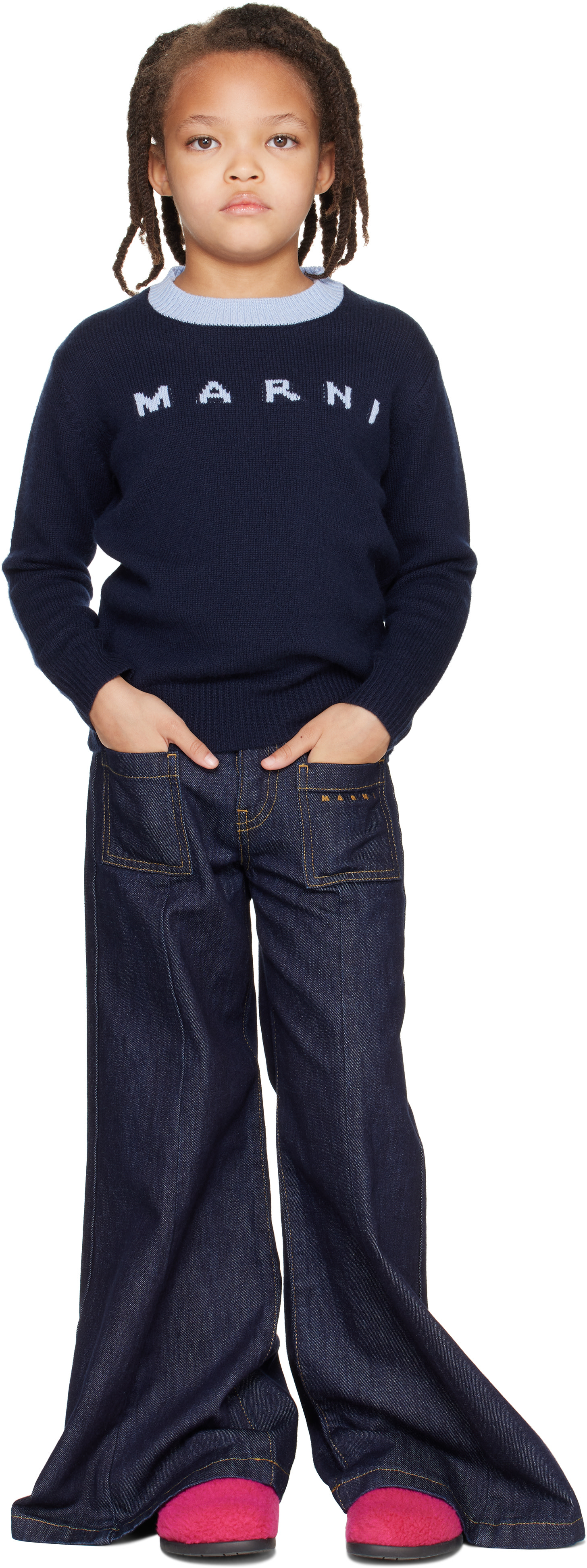 Marni - Kids Navy Intarsia Logo Sweater