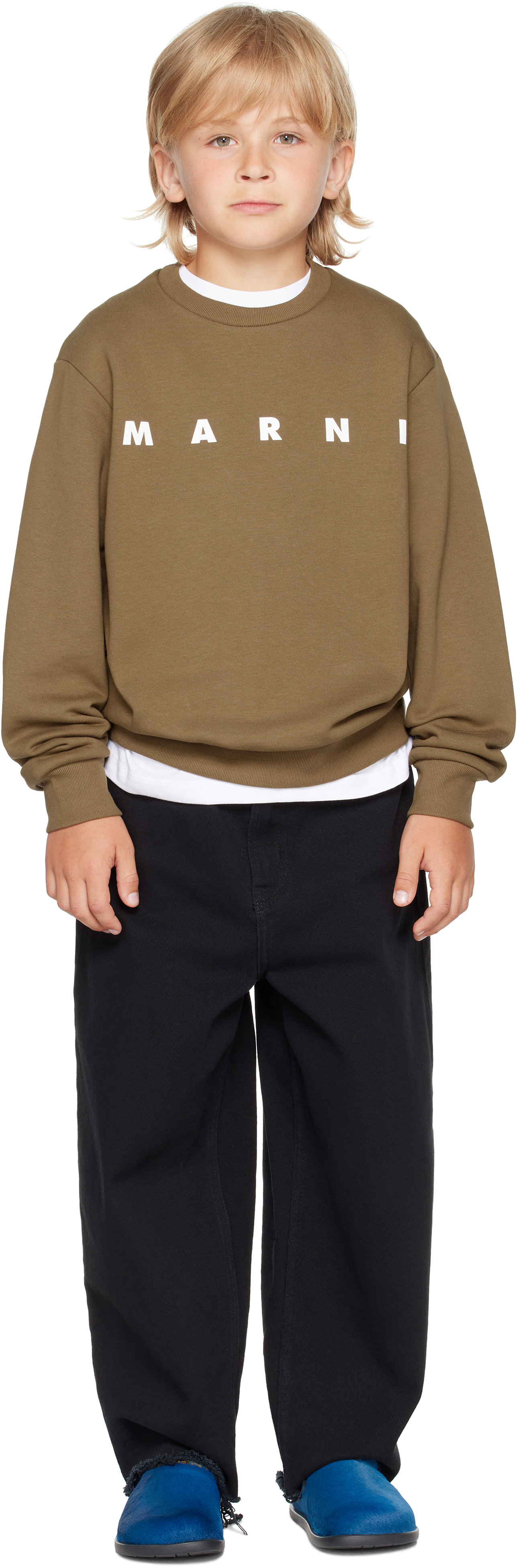 Marni - Enfant | Pull molletonné kaki en coton à logo imprimé