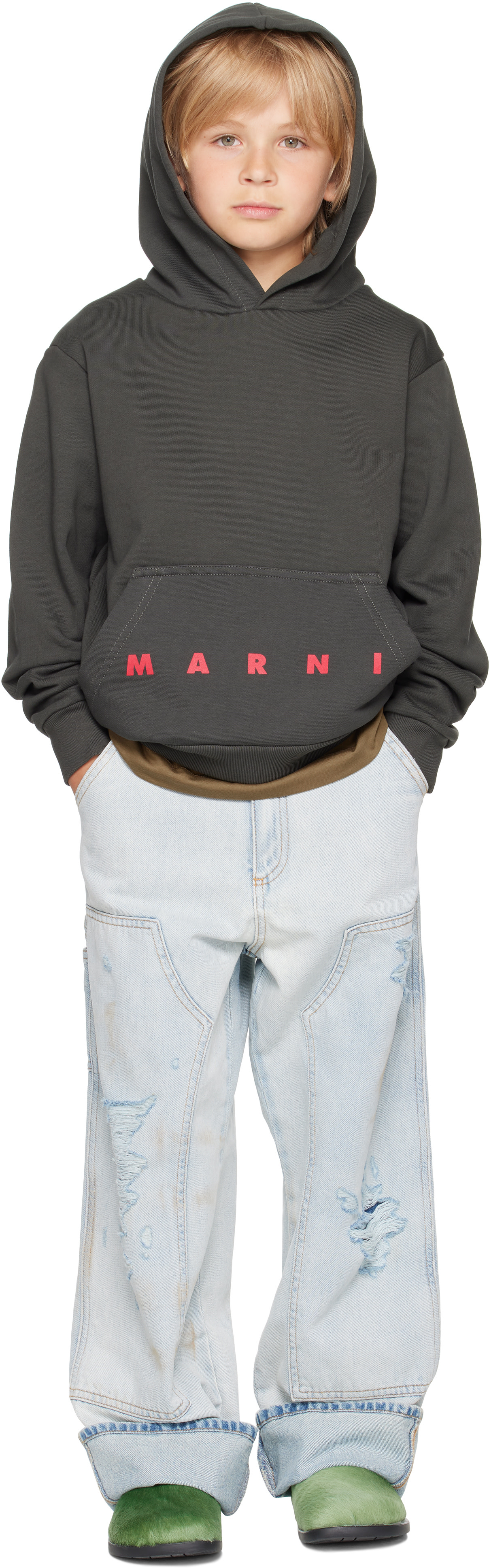 Marni - 키즈 그레이 로고 프린트 후디