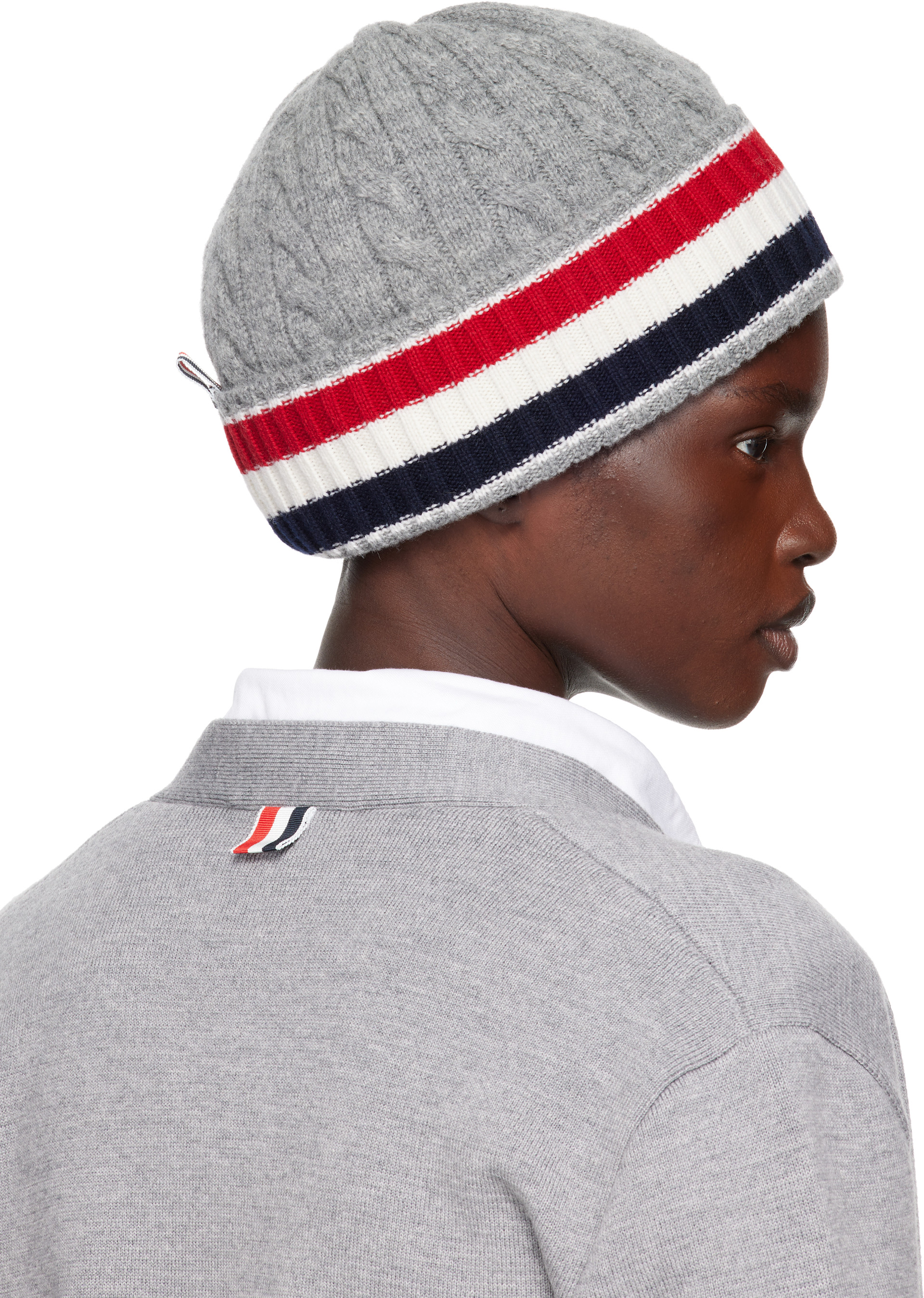 Thom Browne: Gray Cable & Rib Merino Wool RWB Stripe Beanie | SSENSE