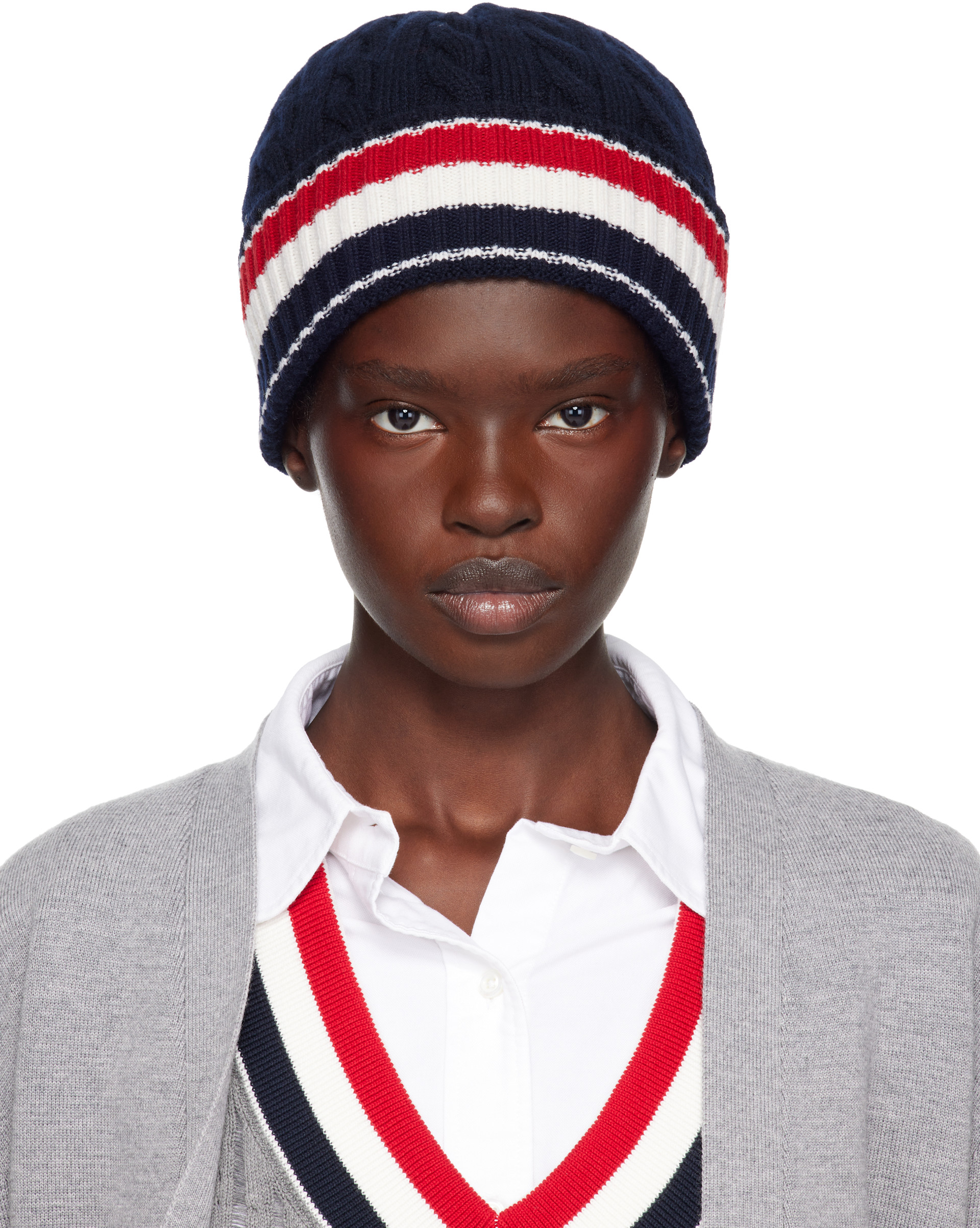 Thom Browne: Navy Cable & Rib Merino Wool RWB Stripe Beanie | SSENSE