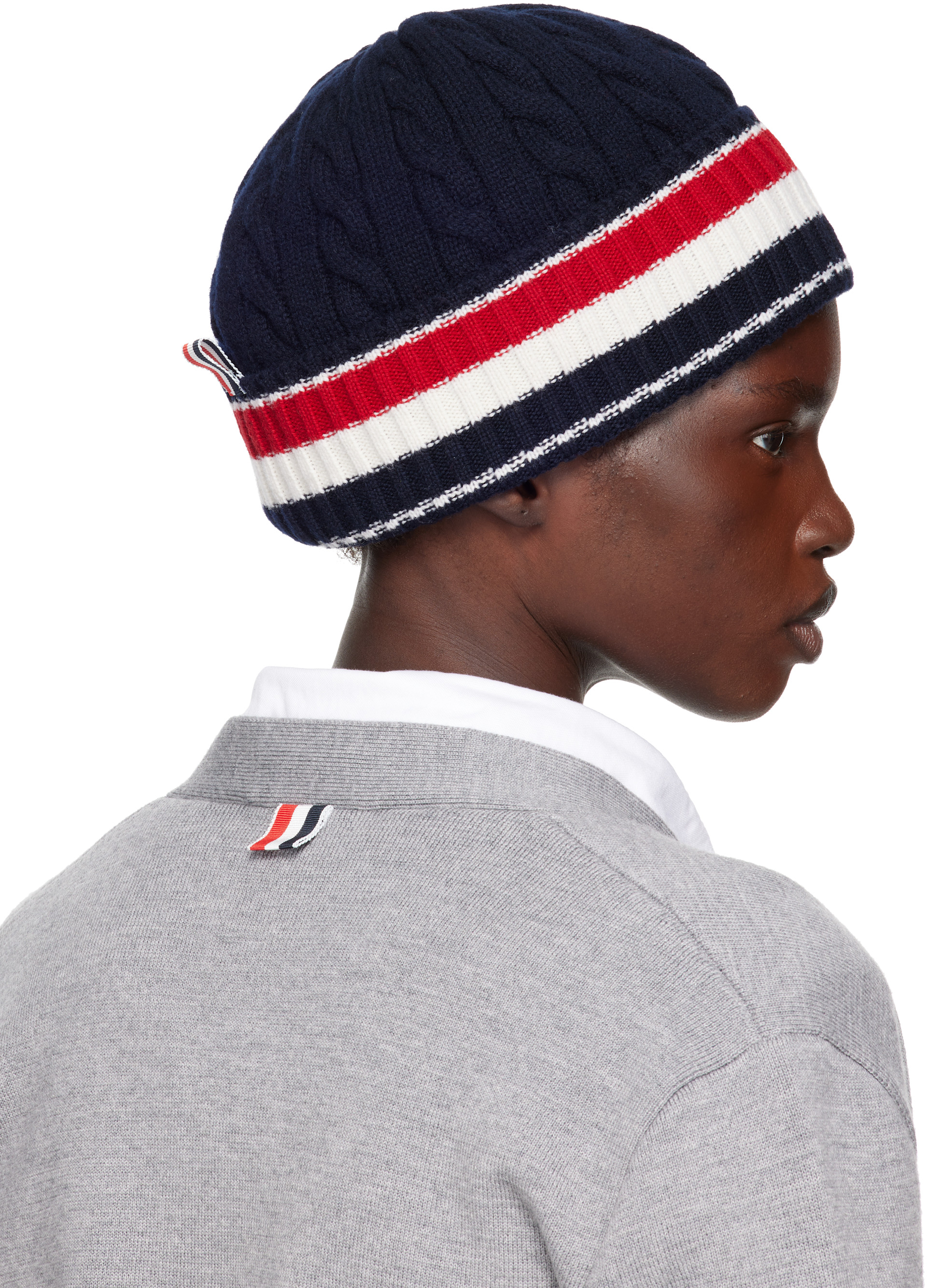 Thom Browne: Navy Cable & Rib Merino Wool RWB Stripe Beanie | SSENSE