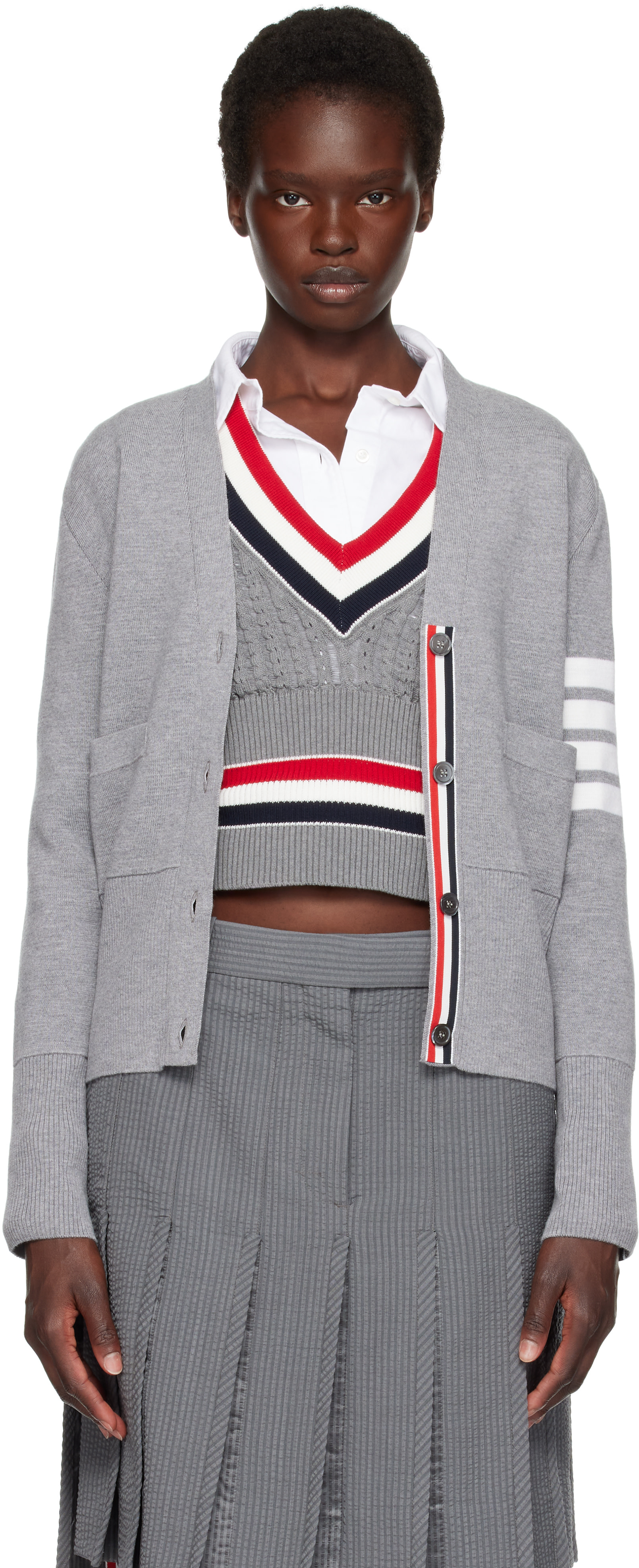 Thom Browne: グレー 4-Bar ウール Vネック カーディガン | SSENSE 日本