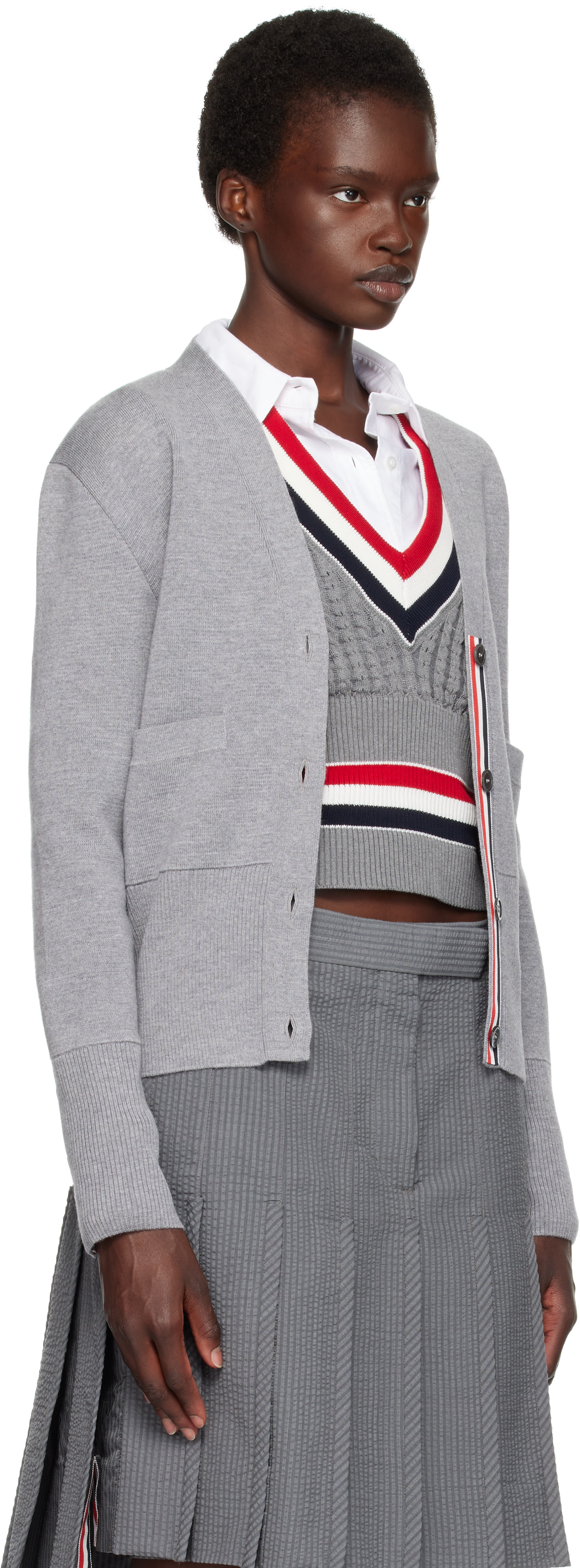 TH0M BROWNEカーディガン グレー Thom Browne: Gray Wool 4-Bar V-Neck Cardigan | SSENSE