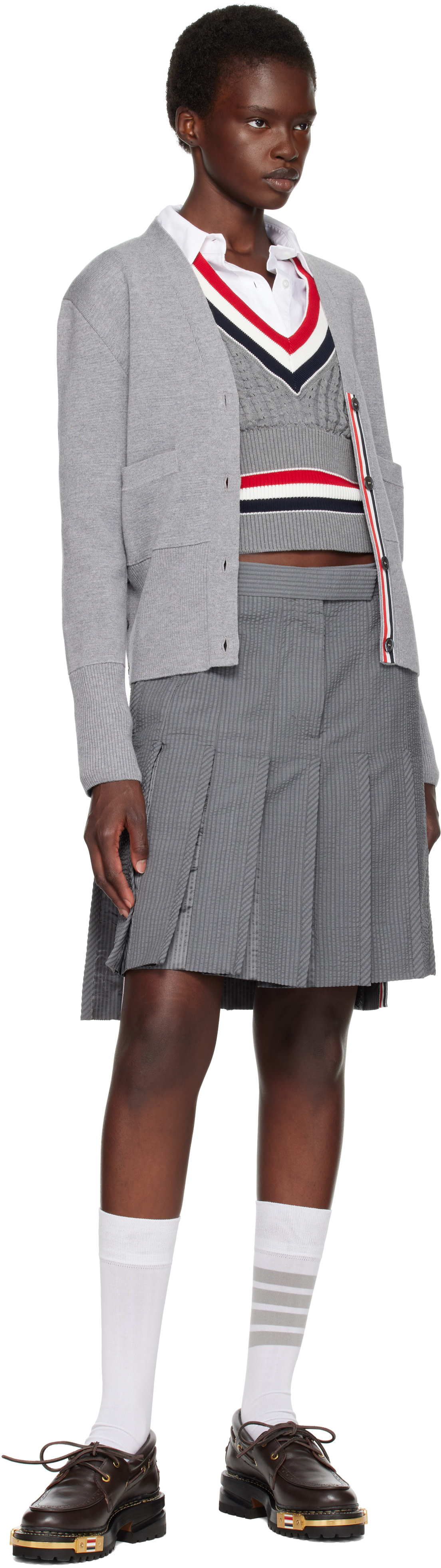 Thom Browne: グレー 4-Bar ウール Vネック カーディガン | SSENSE 日本