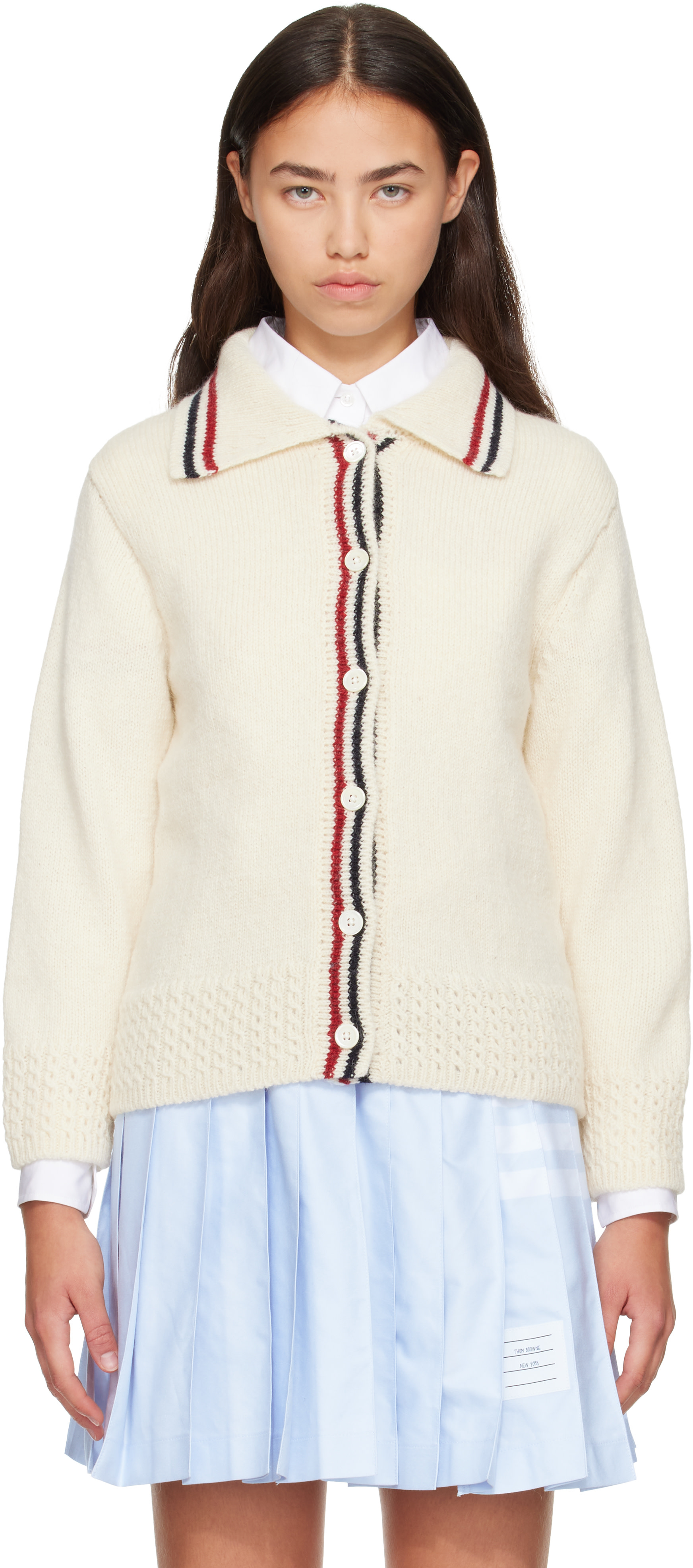 Thom Browne: オフホワイト Donegal RWB Stripe Hector ポインテール